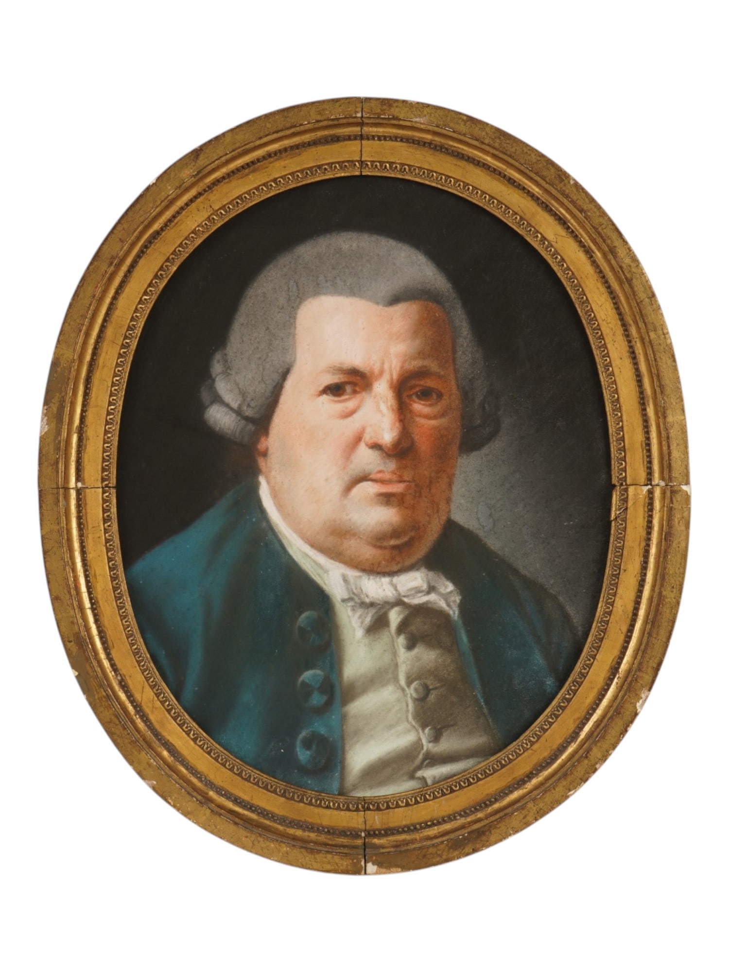 ANTIQUE 18TH C EUROPEAN MALE PORTRAIT PASTEL PAINTING: Pastel painting on fabric. Western European, ca. late 18th century. The artwork depicts a portrait of a man in a wig and frock coat. Oval format. Unsigned. Framed. Collectible Graphic Art, Portraiture