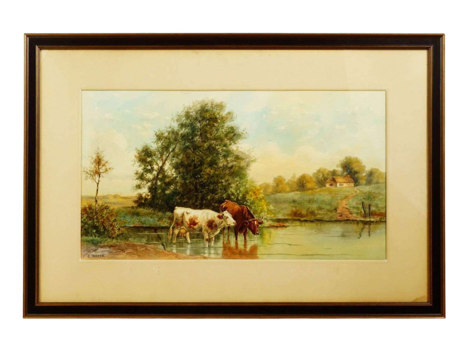 FRENCH LANDSCAPE PAINTING AFTER CONSTANT TROYON: After Constant Troyon, French, 1810 to 1865, a watercolor landscape painting on paper, depicting two cows calmly wading in the shallow waters of a rural river or pond. Signed at lower left. Constant T