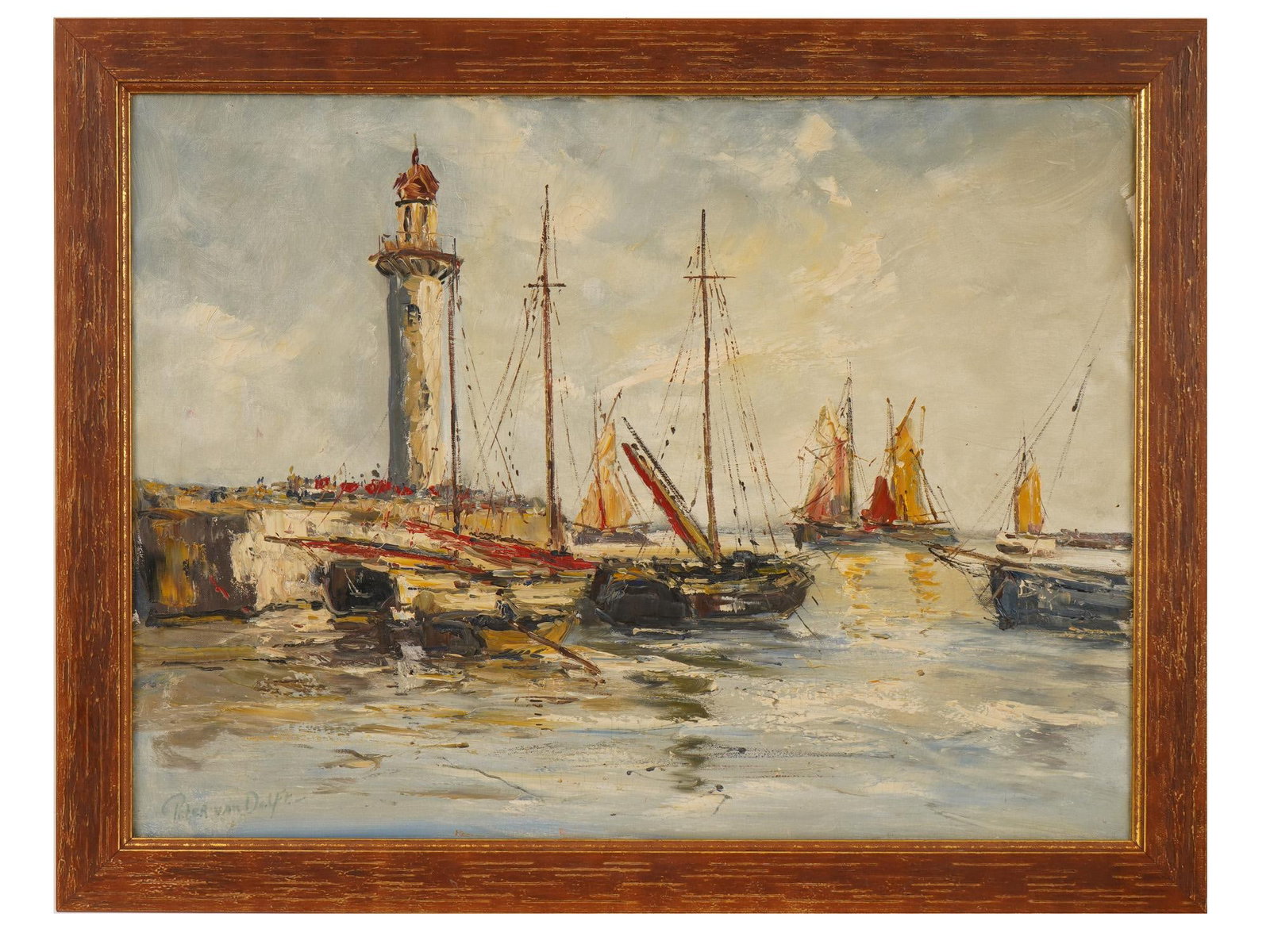 DUTCH MARITIME OIL PAINTING BY PETER VAN DELFT: Pieter Antoon Willem van Delft, also known as Peter van Delft, 20th century, a maritime harbor landscape oil painting on canvas. The scene features a white harbor lighthouse, sailing vessels, and fish