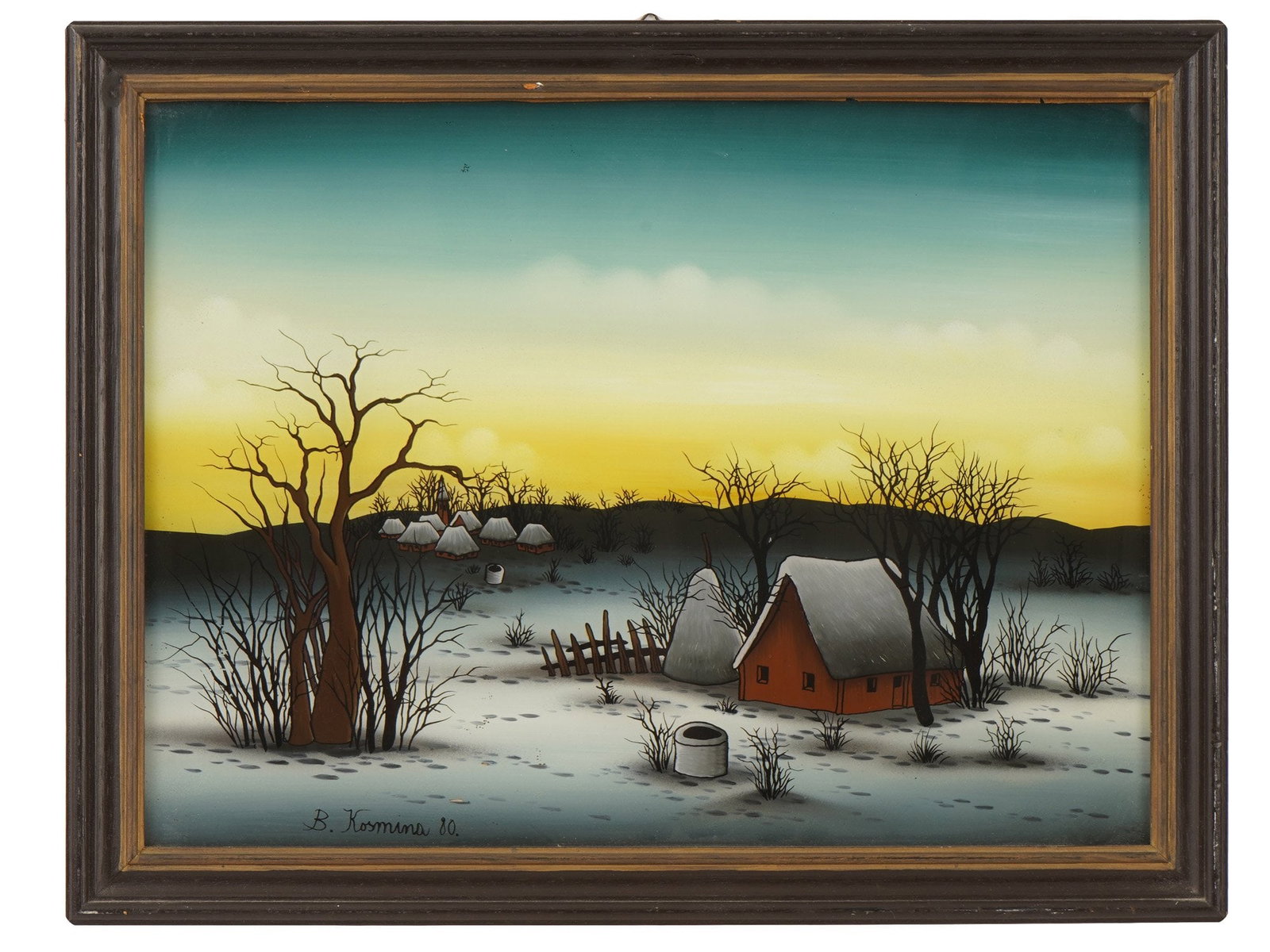 CROATIAN LANDSCAPE PAINTING BY BOZIDAR KOSMINA: Bozidar Kosmina, Croatian, 20th century, a gouache painting on glass, Winter Landscape, 1980. A tranquil snow-covered village scene with cottages, a stone well, leafless trees, and a warm-to-teal wint