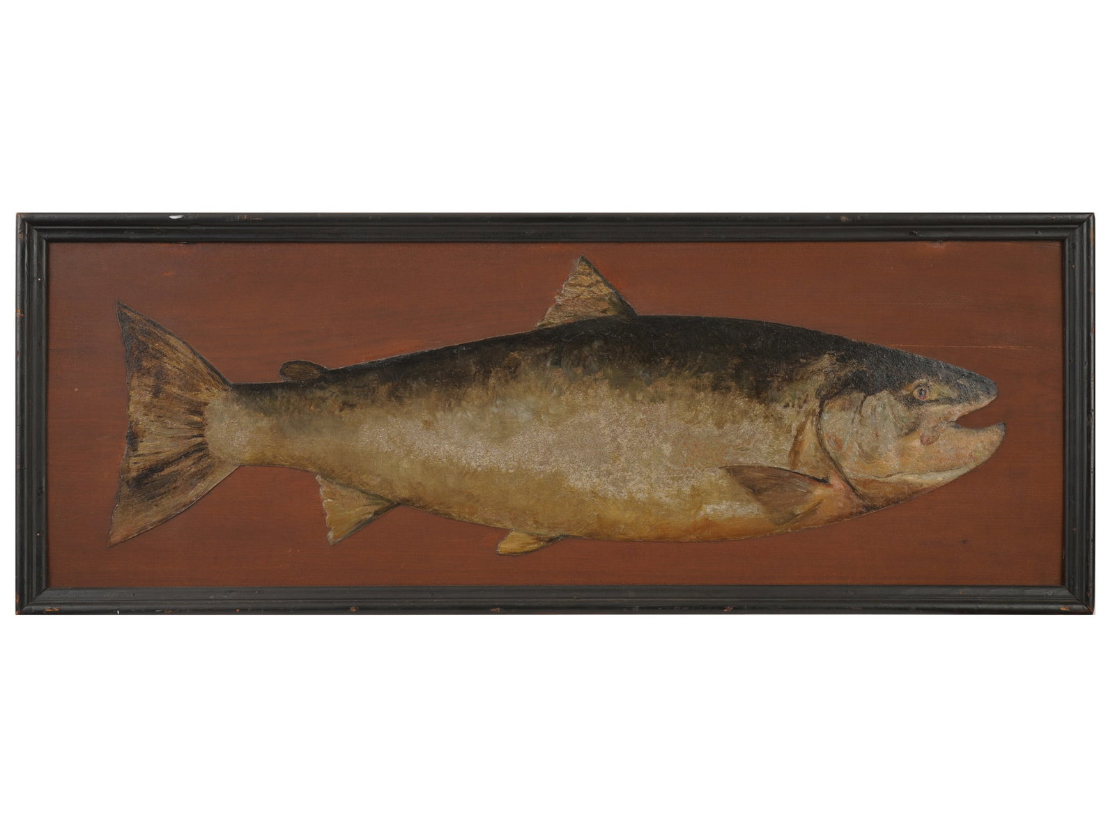 ATTR TO WINSLOW HOMER UNCLE WINNIES FISH OIL PAINTING: Attributed to Winslow Homer, American, 1836 to 1910, oil painting on wood board depicting a large fish. Framed. The artwork is titled Uncle Winnie's Fish and accompanied by a provenance with a number 