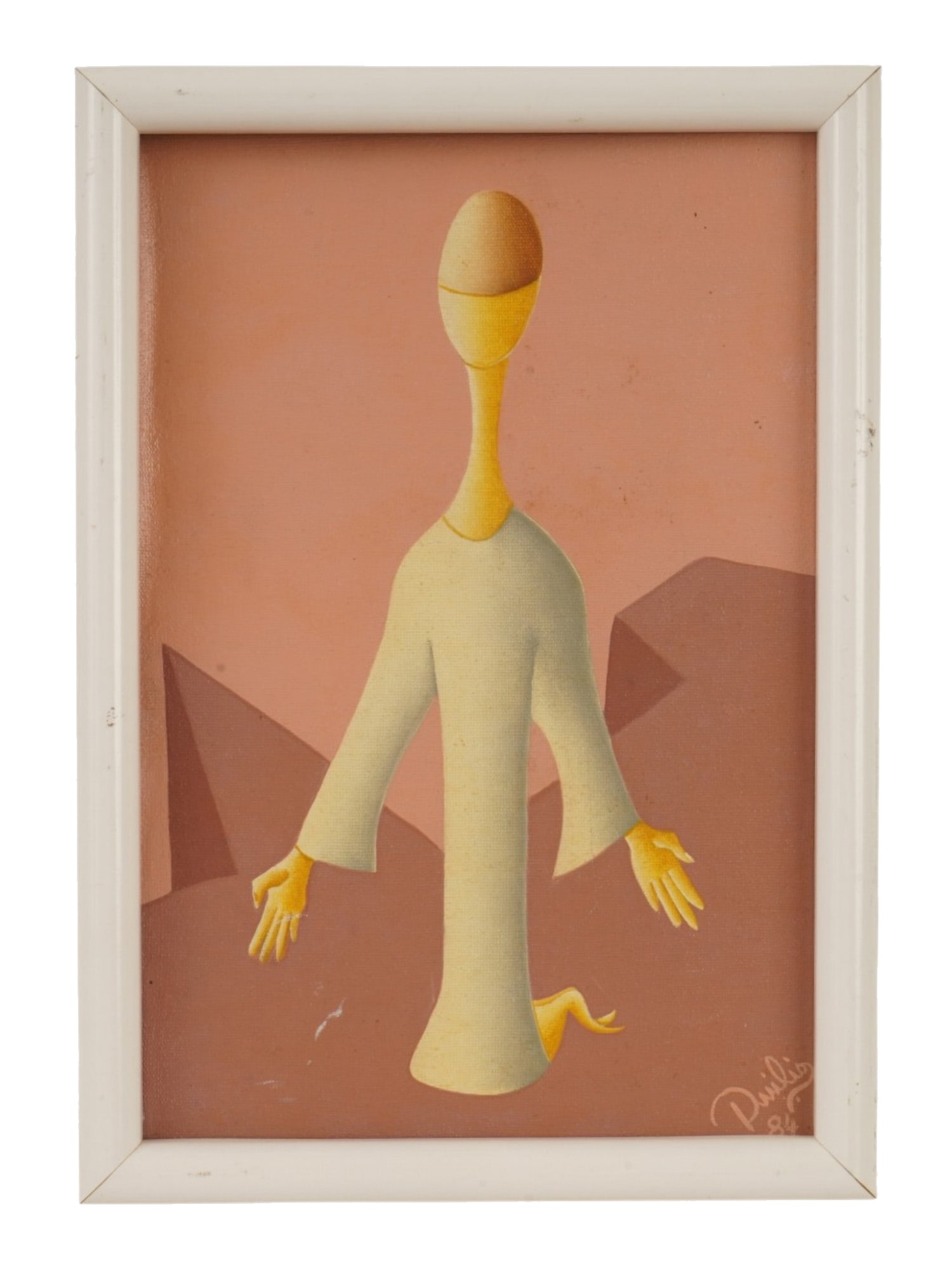 MODERNIST SURREAL OIL PAINTING SIGNED BY THE ARTIST: A Modernist European School oil painting on canvas depicting a Surreal portrait, titled The Call. Signed by the artist, probably Duilio, and dated 84, lower right. Framed. Modernist and Contemporary E