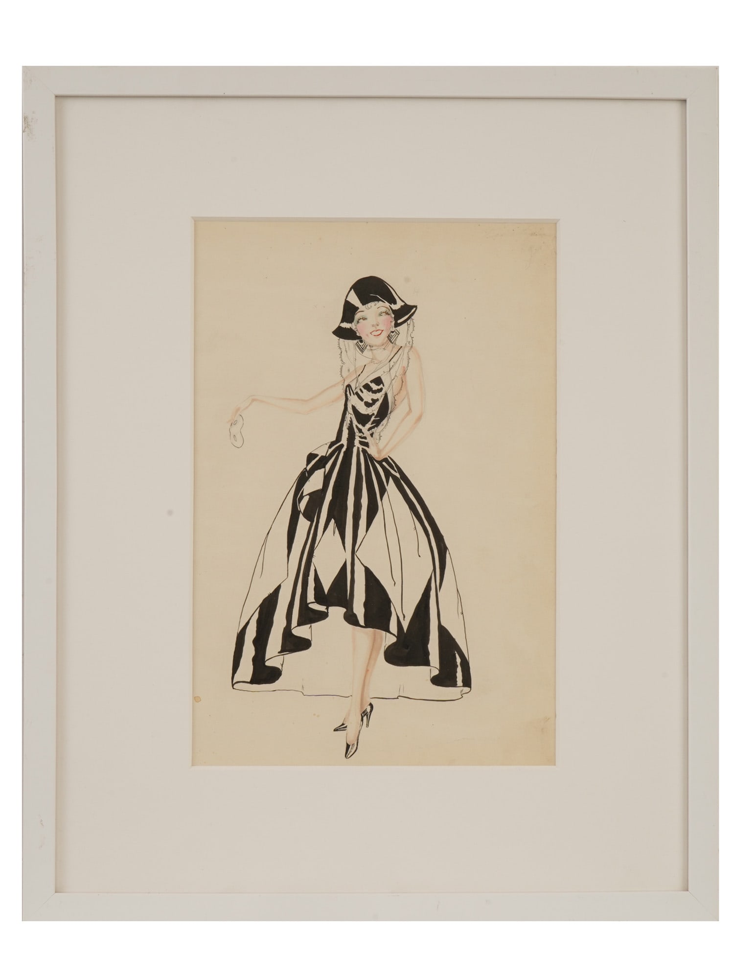 ART DECO FASHION ILLUSTRATION MIXED MEDIA PAINTING: An Art Deco mixed media painting on paper, a fashion illustration, depicting a female costume design, probably inspired by the theatrical and costume design styles popularized by master illustrators l