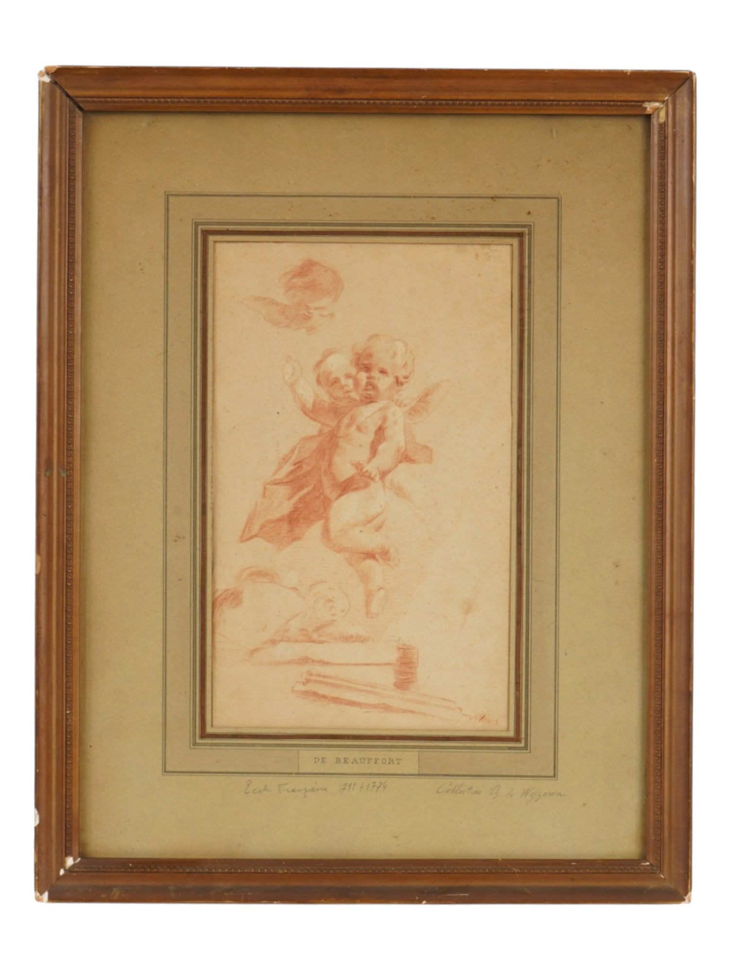 FRENCH SCHOOL CHERUBS SANGUINE SKETCH PAINTING: A 18th century French School sanguine red chalk sketch painting on paper depicting a scene with putti. Framed. Printed, De Beauffort, on the mat window. Inscribed, Ecole Francaise 1711 to 1774, in the