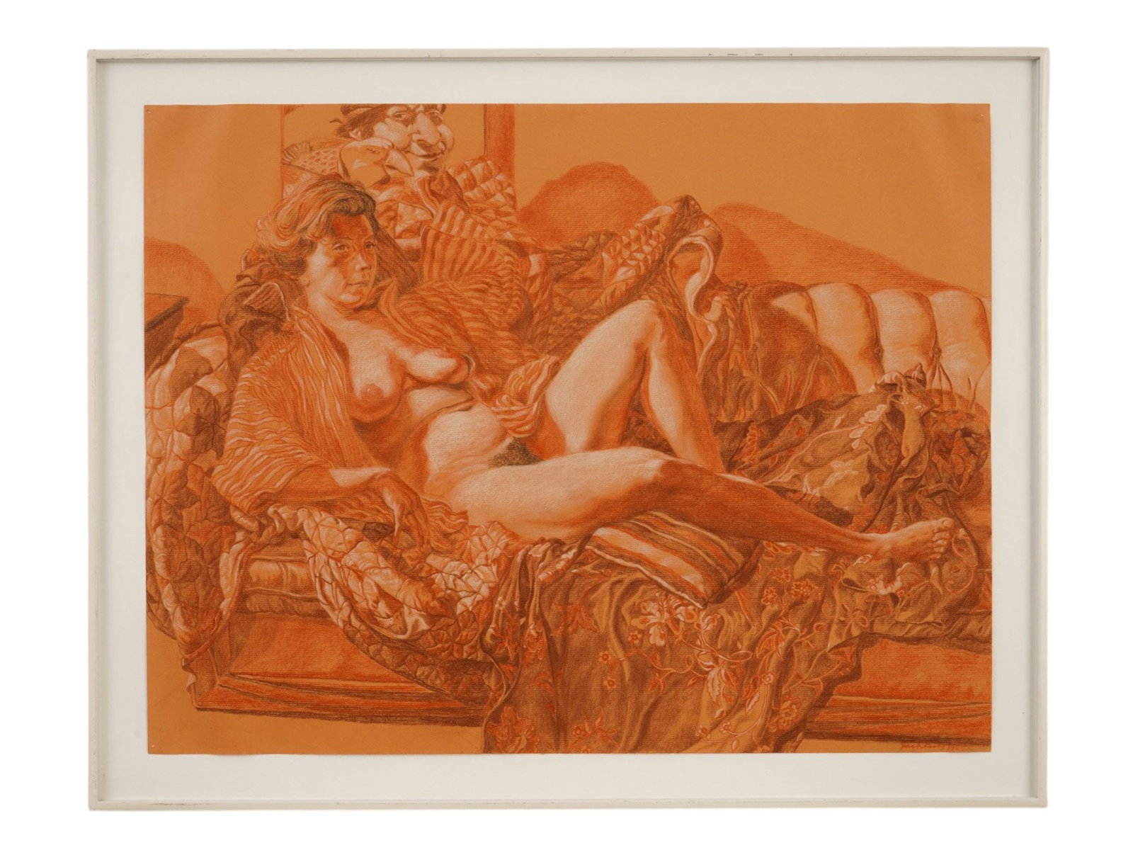 DRAWING FROM MODEL M, JACK BEAL, PASTEL ON PAPER, 1985: Framed pastel on paper by Jack Beal (American, 1931-2013). Depicts nude reclining on couch. Model is his longtime partner artist Sondra Freckelton. His self portrait is in upper left. Original white m