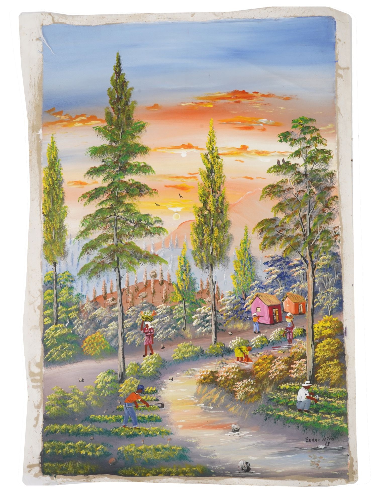MODERN GHANAN LANDSCAPE PAINTING BY ISAAC LOTIN 2013: A modern Ghanan oil landscape painting on canvas by Isaac Lotin, depicting a rural village scene at sunset. The composition features figures engaged in daily activities. Signed lower right and dated 2