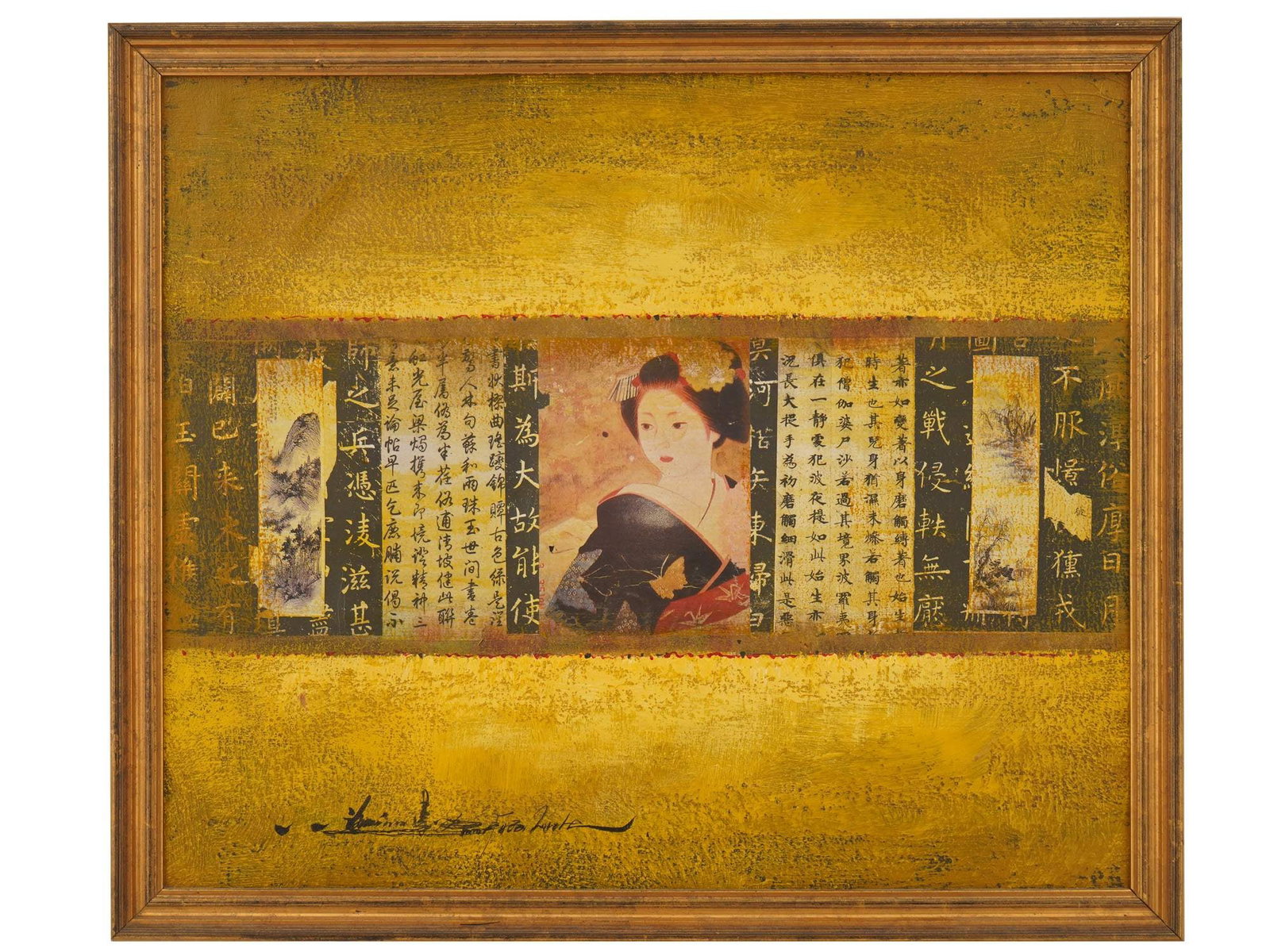 VINTAGE ASIAN MIXED MEDIA ON CANVAS COLLAGE ARTWORK: A vintage Asian mixed media on canvas collage artwork. The piece depicts a composition on a gold background with alternating vertical Chinese characters, landscapes, and a portrait of a Japanese geish