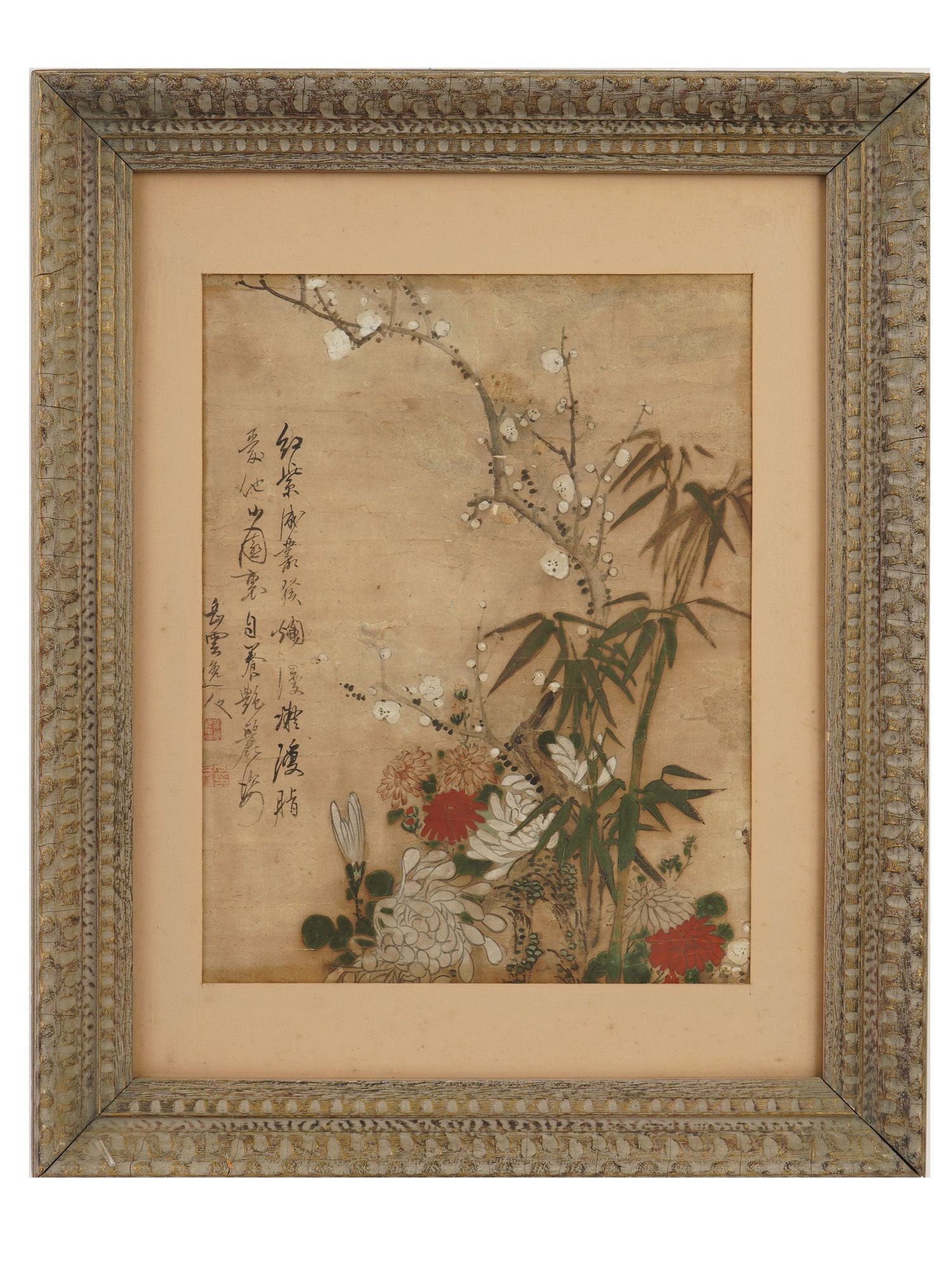 CHINESE MIX MEDIA ON PAPER BIRDS AND FLOWERS PAINTING: A Chinese mixed media on paper painting in the Birds and Flowers genre, made using the Guohua technique. The painting depicts branches of flowering plum, stems and leaves of bamboo, as well as bright 