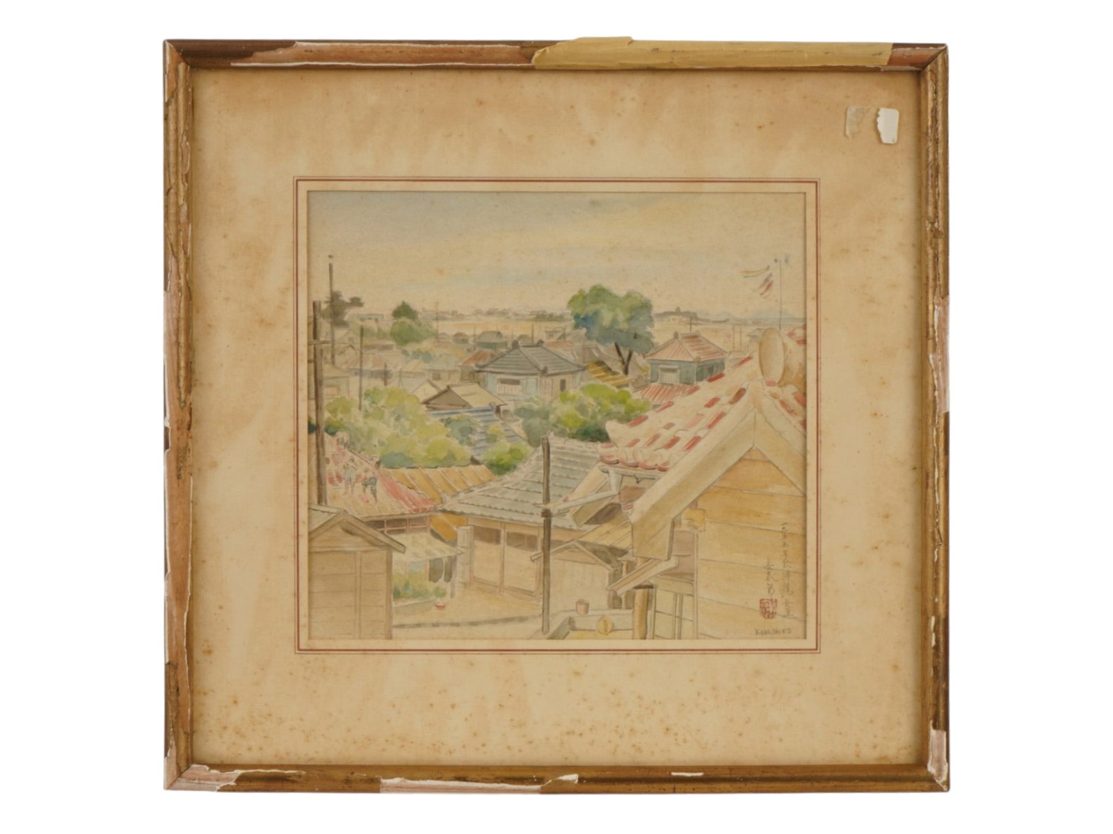 JAPANESE VILLAGE WATERCOLOR PAINTING SIGNED KANASHIRO: A Japanese watercolor on paper depicting a detailed village landscape with traditional tiled rooftops and lush foliage under a pale sky. Signed, Kanashiro, lower right, accompanied by vertical calligr