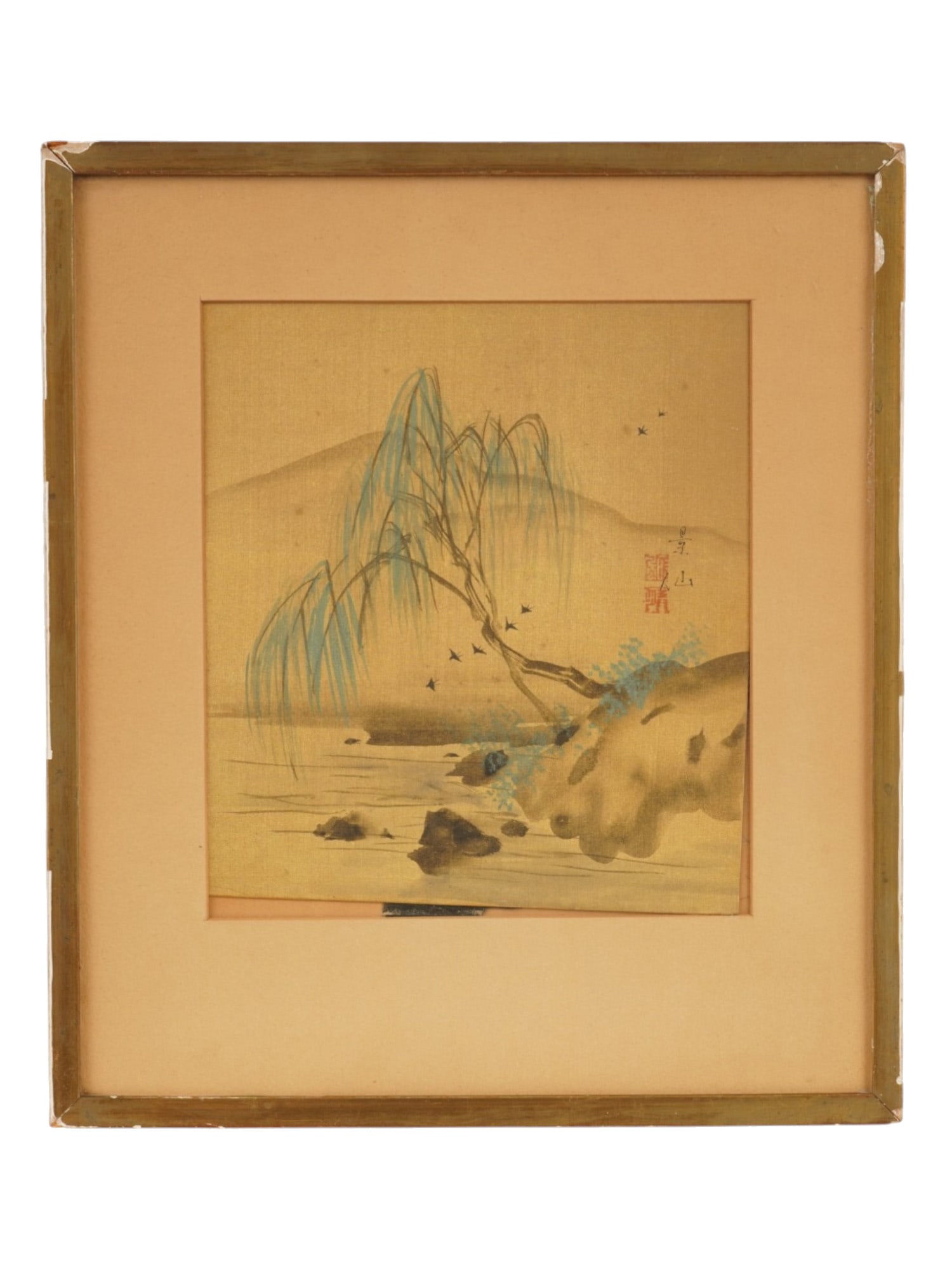 JAPANESE LANDSCAPE WATERCOLOR PAINTING ON SILK SIGNED: A Japanese watercolor painting on silk depicting a classic motif in traditional East Asian painting, Willow and Swallows. This subject is deeply symbolic and closely associated with the arrival of spr