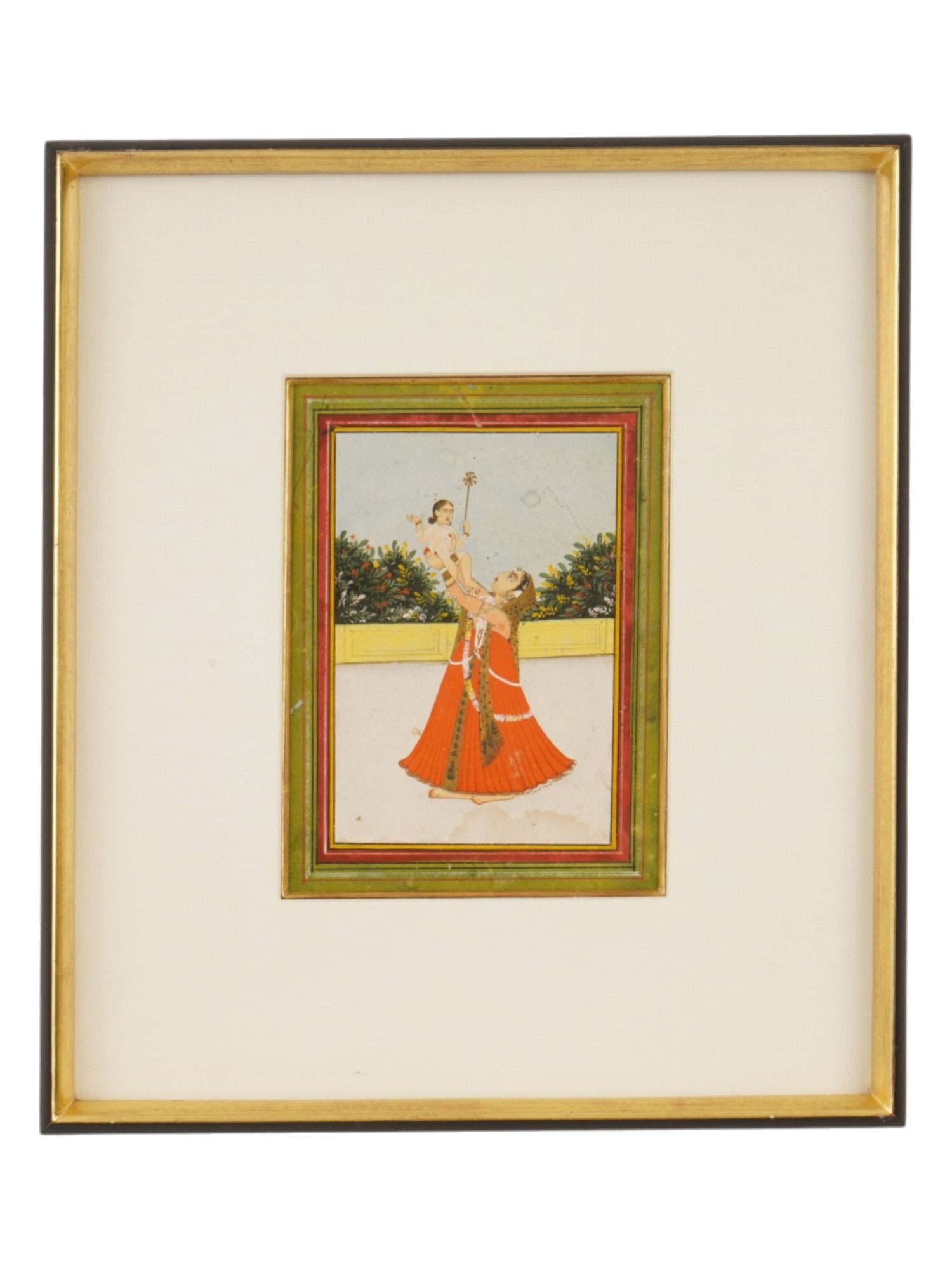 INDIAN RAJPUT GOUACHE AND GOLD MINIATURE PAINTING: An Indian Rajput gouache and gold miniature painting on paper. The painting depicts a scene illustrating an episode from the epic tales of Krishna, in which a woman, likely his foster mother Yashoda