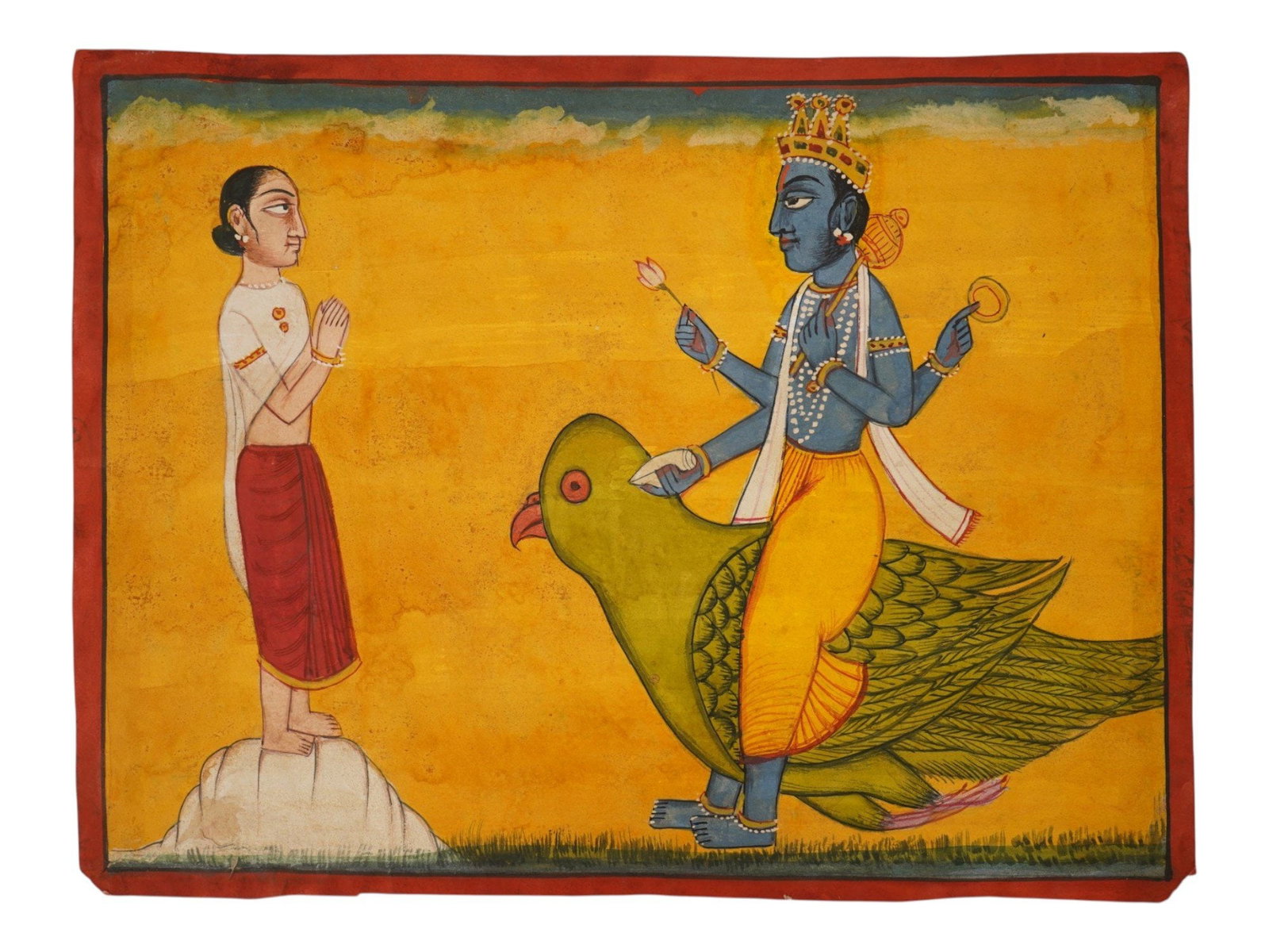 INDIAN PAHARI SCHOOL KAMADEVA MINIATURE PAINTING: An Indian Pahari school mixed media miniature painting, executed in opaque pigments on paper, depicting a genre scene with the god Kamadeva, the god of love and desire, seated on his traditional