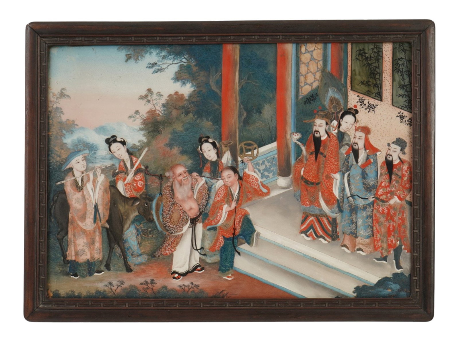 ANTIQUE CHINESE REVERSE TECHNIQUE GLASS PAINTING: An antique Chinese reverse glass painting depicting a gathering of auspicious figures and Daoist Immortals outside a palace pavilion, including the God of Longevity, the Three Star Gods, and a youth r