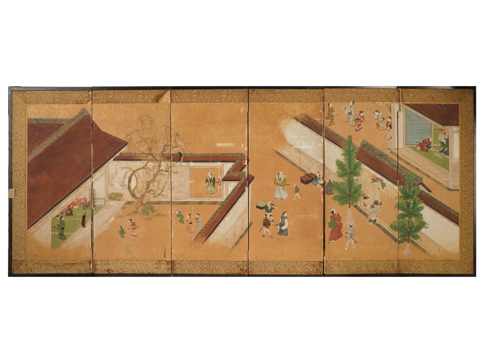 JAPANESE SIX PANEL BYOBU MIXED MEDIA PAINTING SCREEN: A six panel Japanese folding screen, or byobu, features a narrative scene executed in ink, pigment, and gold wash on paper, depicting figures in traditional attire within a palace courtyard setting.