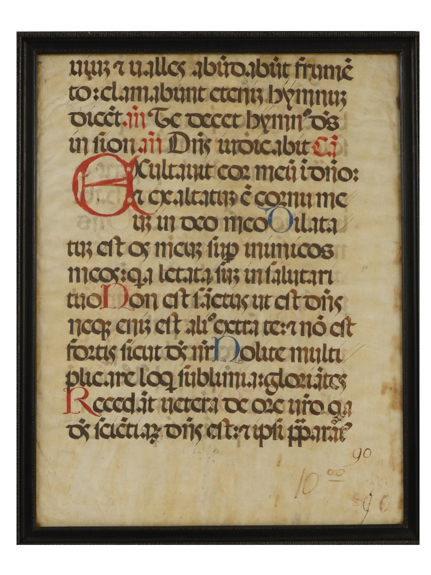 ANTIQUE MEDIEVAL EUROPEAN DOUBLE SIDED LATIN MANUSCRIPT: An antique medieval Western European double sided Latin manuscript on paper, written in Gothic script Textualis with traditional black text and red and blue decorative letters. The manuscript