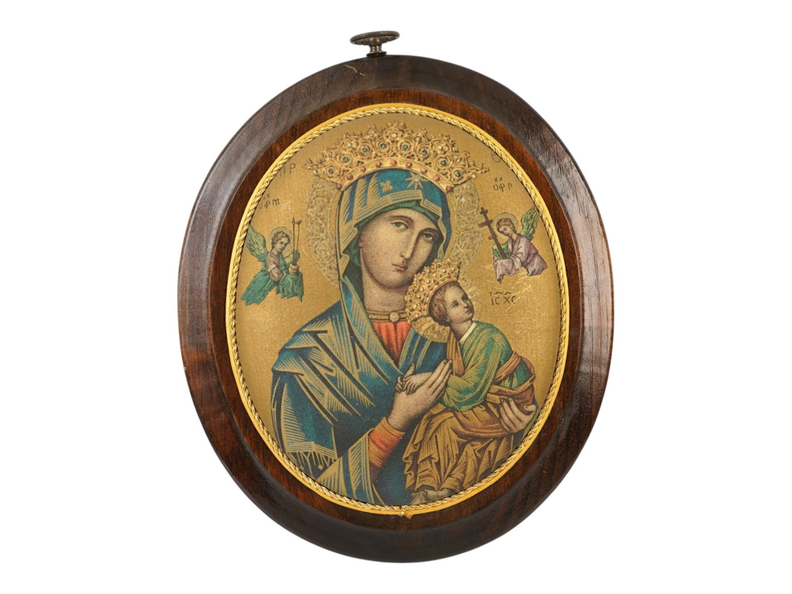 ANTIQUE RUSSIAN ICON OUR LADY OF THE PASSION: An antique Russian Orthodox icon, The Passion Icon of the Mother of God, or Our Lady of the Passion. Polychrome print on wood board with decorative coating. Oval format. There is a suspension on top.