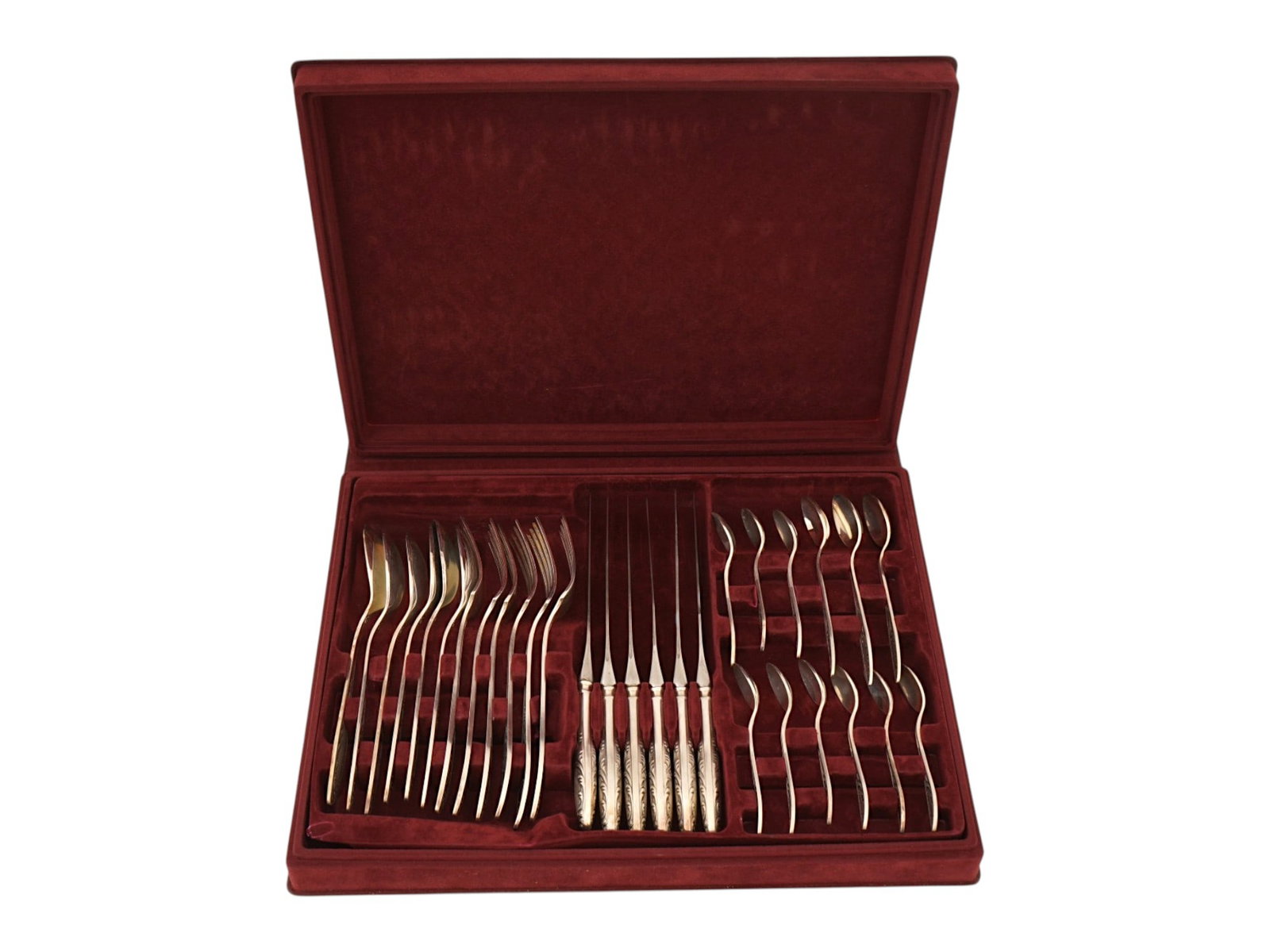 RUSSIAN SOVIET ERA KOLCHUGINO FLATWARE SET IN BOX: A vintage Russian Soviet era flatware set, manufactured by the renowned Kolchugino plant. The set includes pieces decorated with an ornate floral and scrollwork pattern, including dinner knives with s
