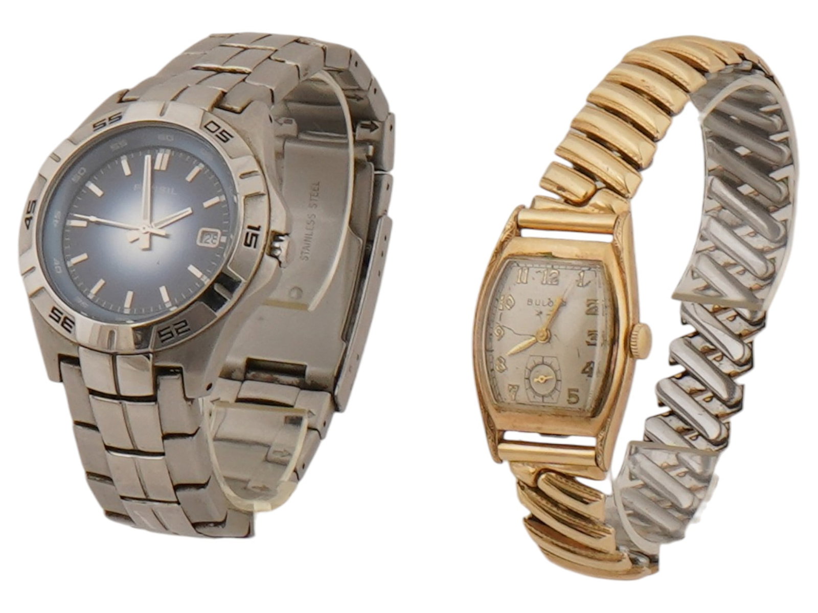 STAINLESS STEEL BULOVA AND FOSSIL AM3996 WRIST WATCHES: A lot of two stainless steel wrist watches, Bulova and Fossil AM3996. The vintage wristwatch is by Bulova. Ca. 1940s. Gold-filled case with stainless steel back. Rectangular case with single crown. Wh