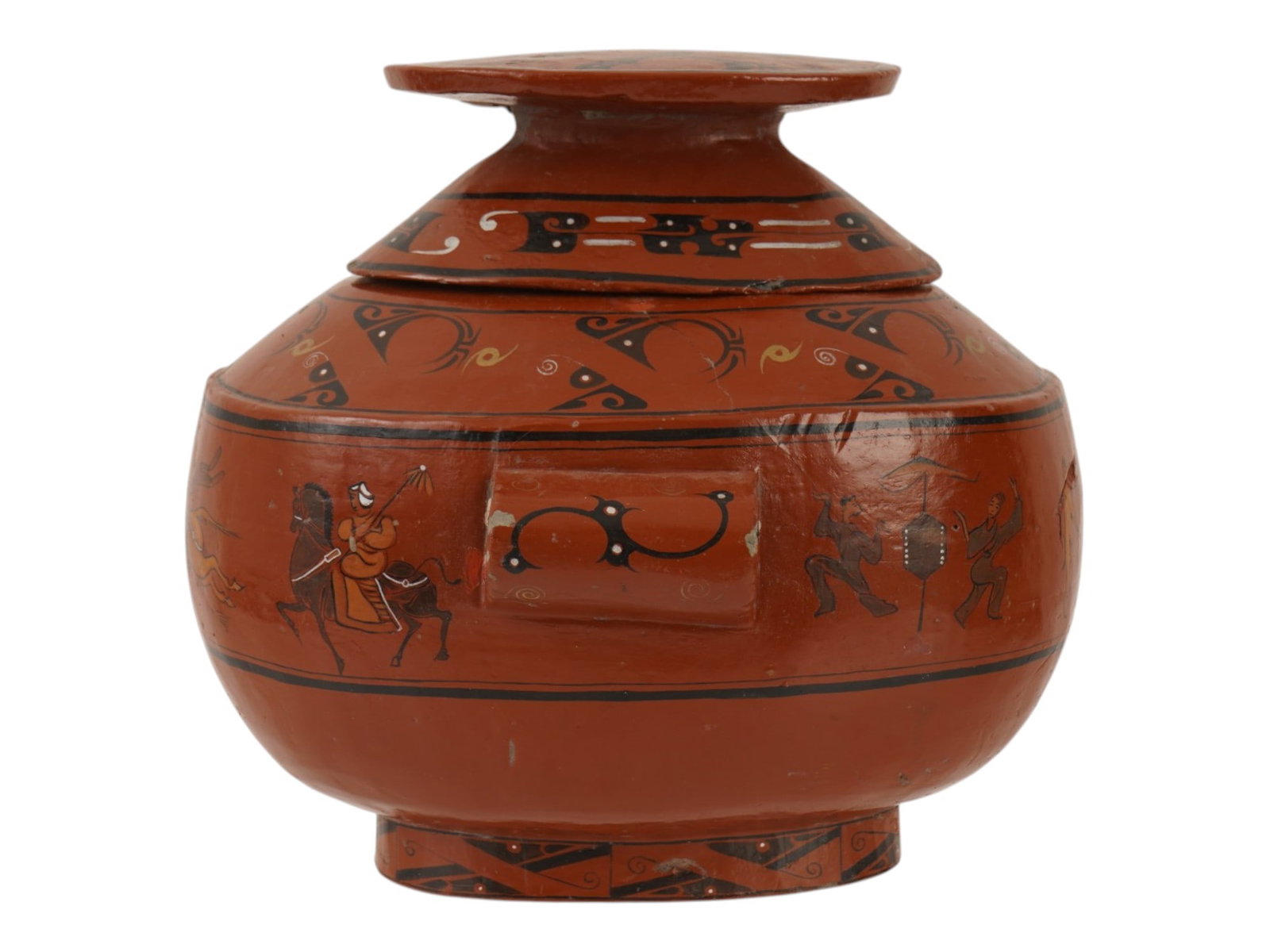 ANTIQUE RED SLIP PAINTED EARTHENWARE VESSEL WITH A LID: An antique red slip-painted earthenware vessel, featuring figural scenes, cloud scrolls, and geometric decoration in black and cream pigments. The globular vessel has loop handles, a tapered foot, and