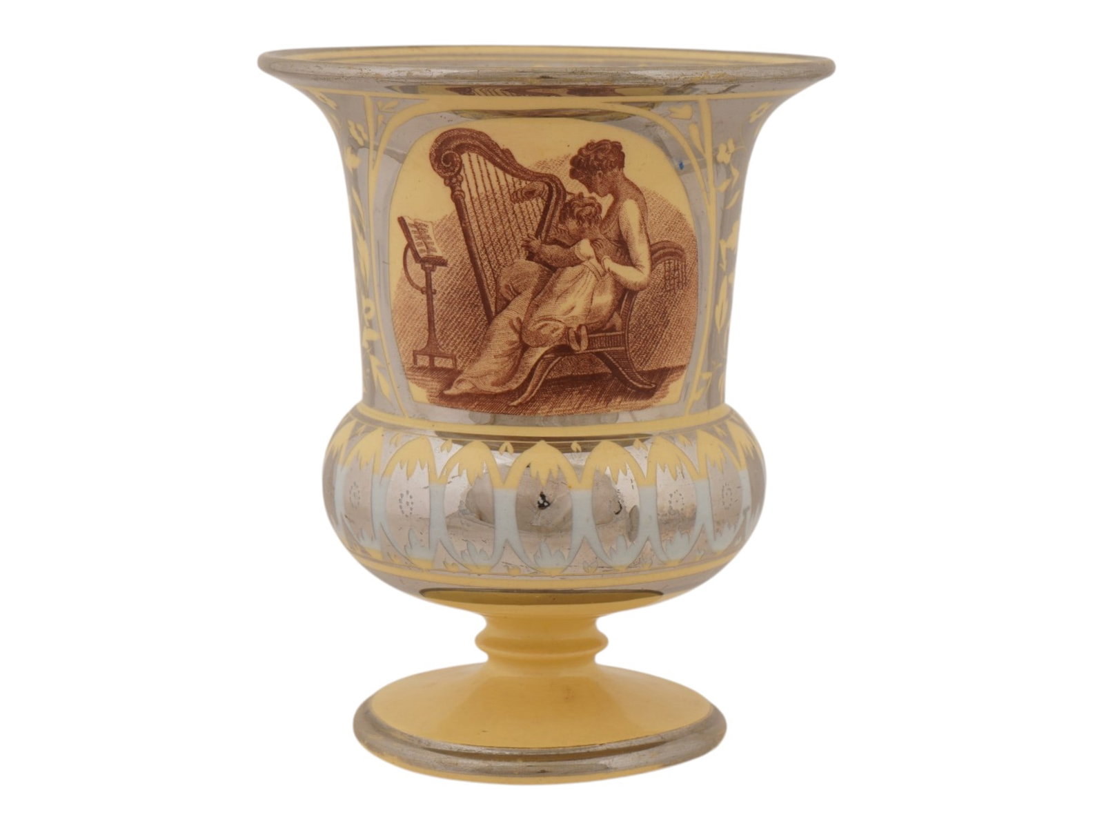 ANTIQUE ENGLISH EARTHENWARE VASE WITH SILVER LUSTRE: An antique early 19th-century English earthenware vase with silver lustre decoration and yellow ground. Urn-shaped piece with a flared rim above a bulbous body on a spreading circular foot. Garnished