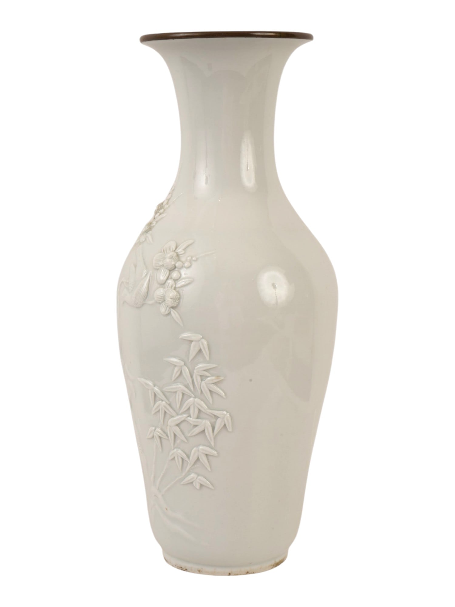 LENOX GEORGIAN COLLECTION FLORAL PORCELAIN VASE: A baluster form vase from the Lenox Georgian Collection, crafted from the brands signature ivory fine porcelain. The exterior features an intricate bas relief floral and foliate scroll motif,