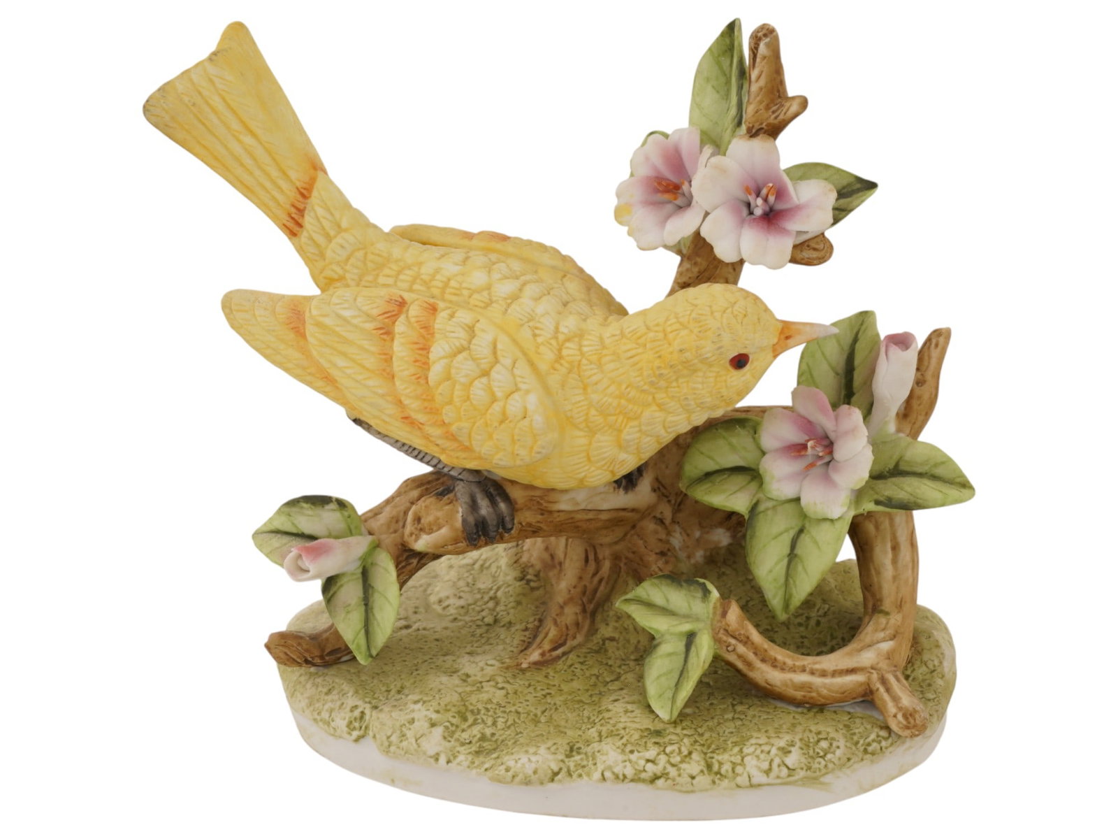 ARNART ROYAL CROWN PORCELAIN FIGURINE OF A BIRD: A vintage painted porcelain figurine by Arnart Creations. Ca. 1960s to 1980s. A canary bird on a blooming branch. Royal Crown hallmark on the bottom. Collectible Porcelain Ware, Sculpture And Decor. T