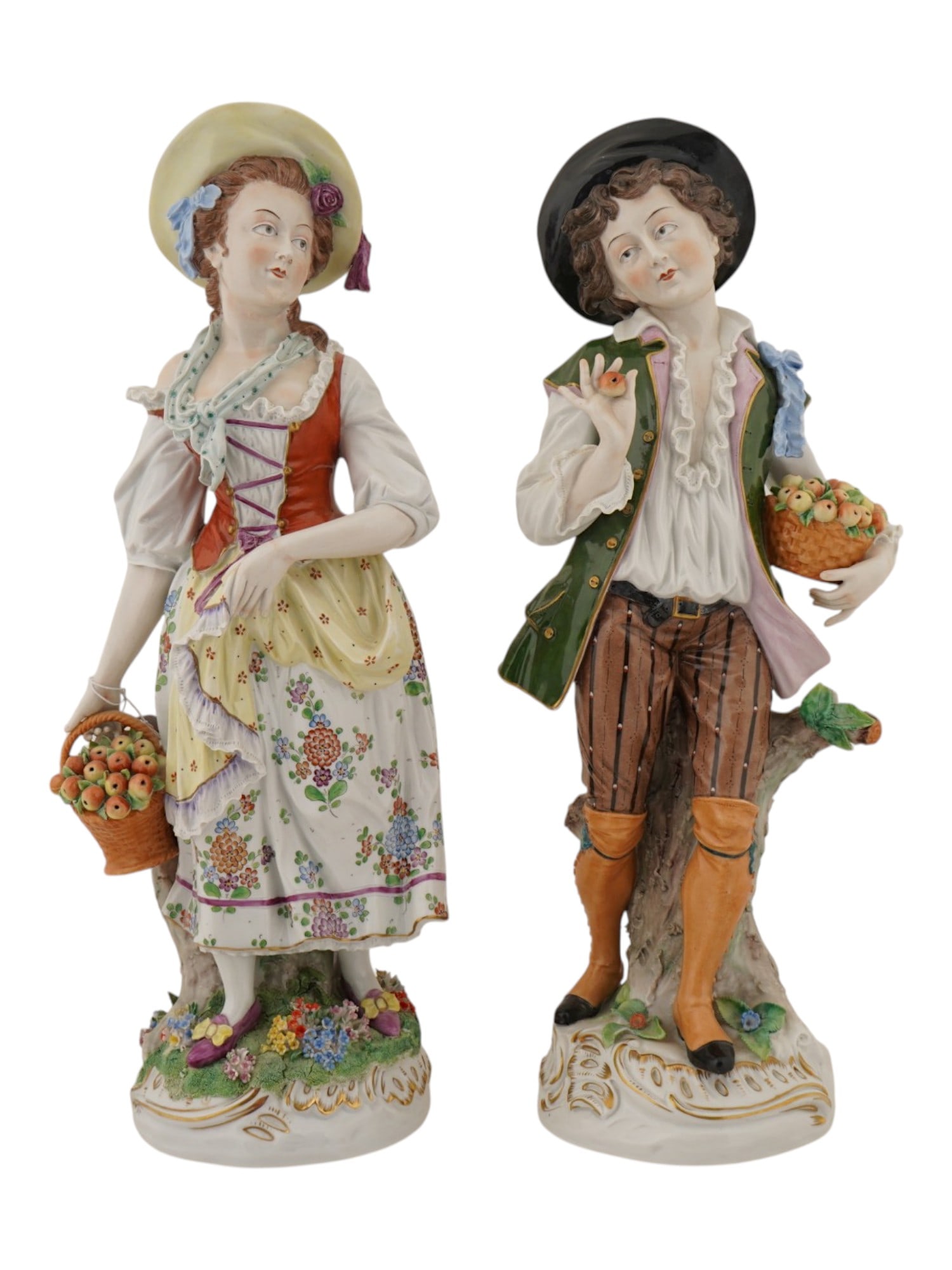 PAIR OF LARGE GERMAN APPLE PICKERS PORCELAIN FIGURES: A pair of large porcelain paired composition, Apple Pickers, designed by the famous porcelain manufactory Sitzendorf, Thuringia, Germany. The figurines depict a young man and woman in elegant 18th cen