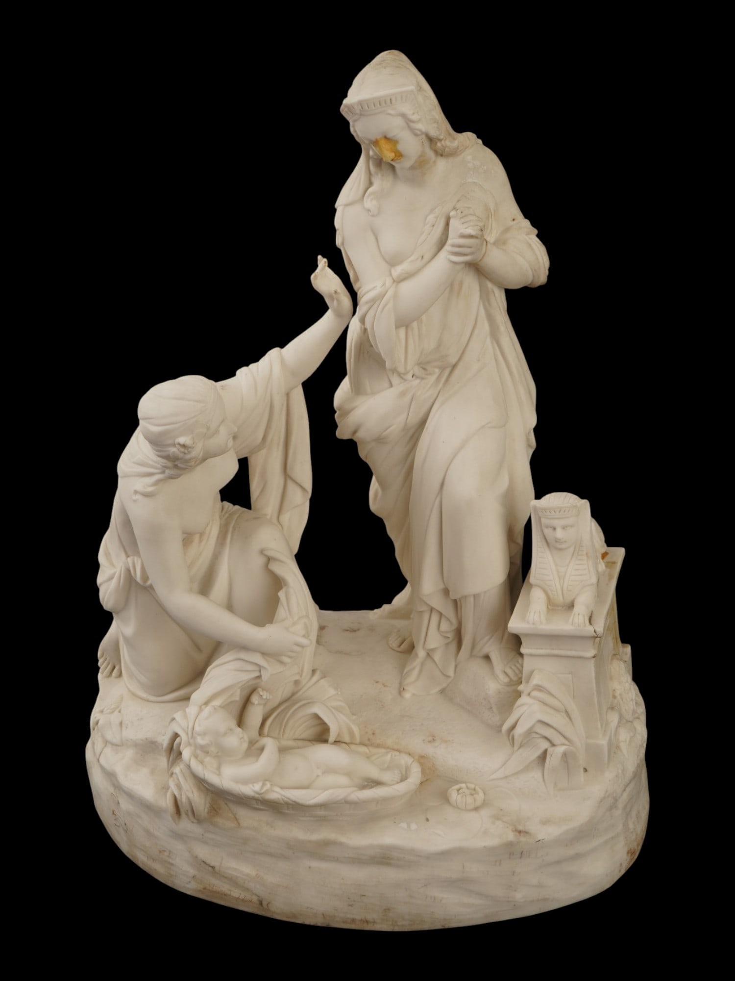 FINDING OF MOSES PORCELAIN SCULPTURE AFTER W BEATTIE: A vintage European porcelain sculpture group, The Finding of Moses after renowned British sculptor William Beattie. The first artwork was produced by the English manufacturer Josiah Wedgwood and Sons 