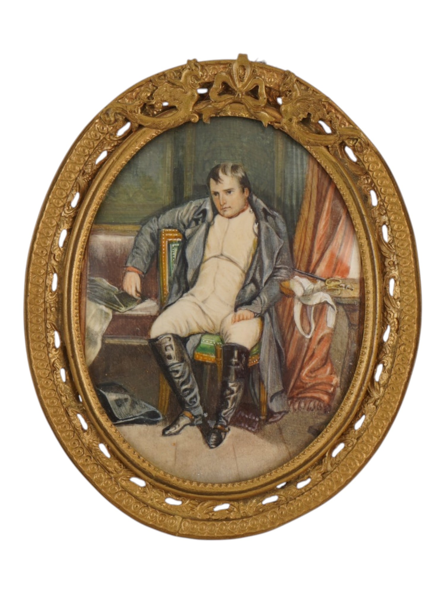 ANTIQUE NAPOLEON BONAPARTE PORTRAIT MINIATURE PAINTING: An antique hand painted oval miniature portrait depicting Napoleon Bonaparte after the famous painting by the French artist Paul Delaroche, Napoleon at Fontainebleau, March 31, 1814. Circa: late 19th 