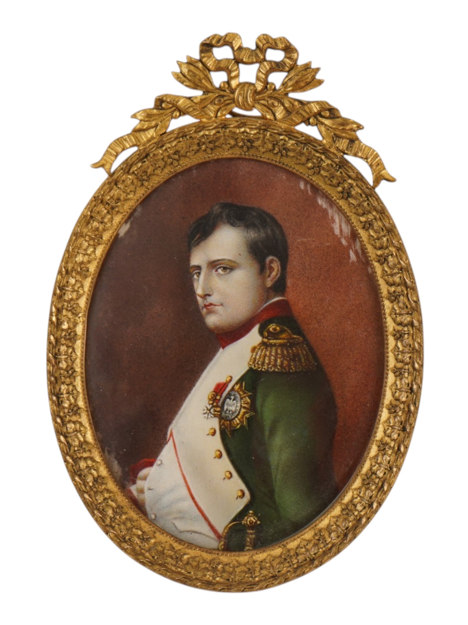 ANTIQUE NAPOLEON BONAPARTE PORTRAIT MINIATURE PAINTING: An antique hand painted oval miniature portrait depicting Napoleon Bonaparte in his signature military uniform as Colonel of the Chasseurs a Cheval of the Imperial Guard, featuring a green jacket with