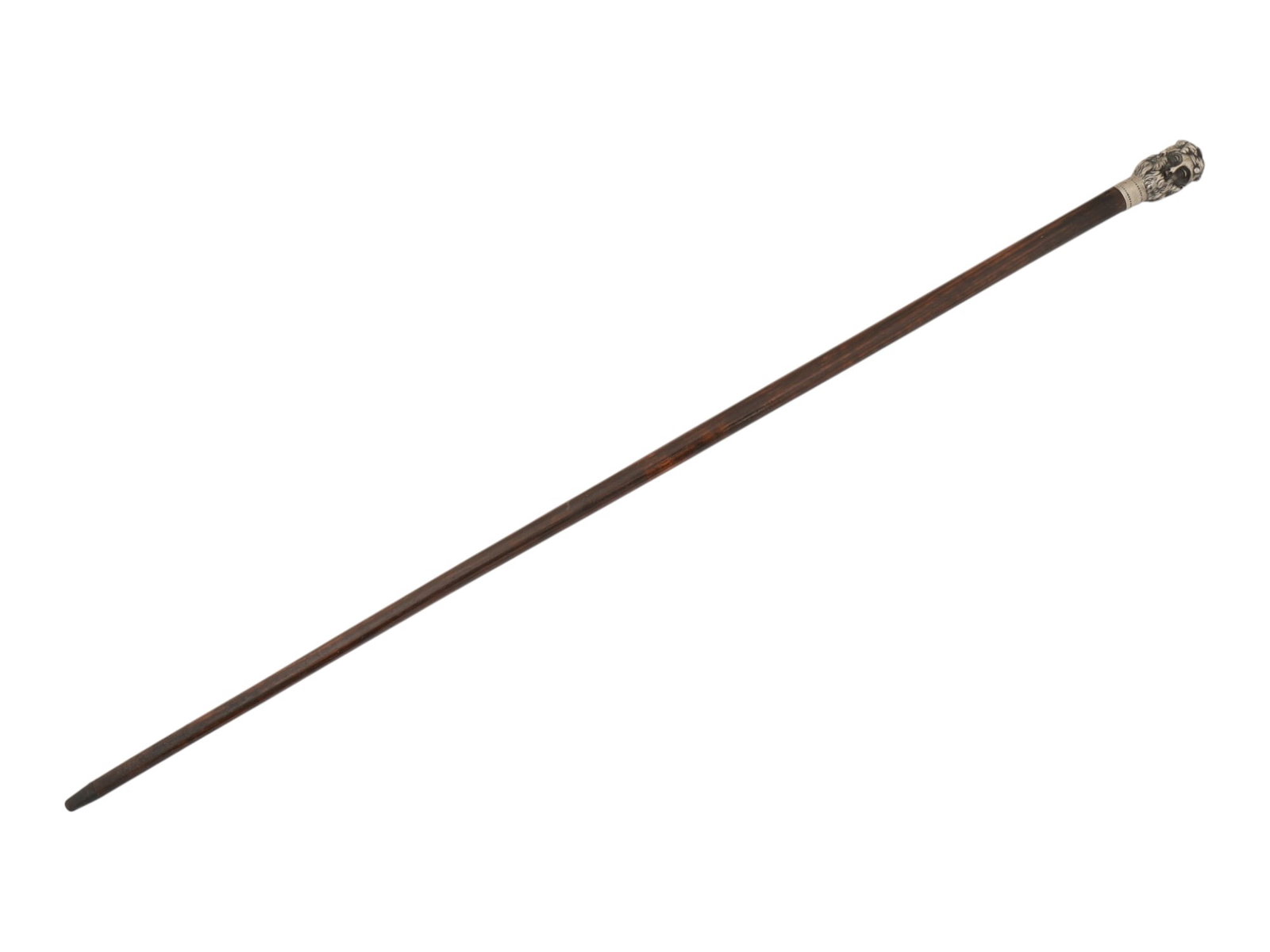 ANTIQUE ROSEWOOD WALKING CANE W SCULPTED SILVER POMMEL: An antique rosewood walking cane with a sculpted silver pommel depicting the Roman god Janus, expanded here to face six directions symbolizing total omnipresence. The handle design originates from an 