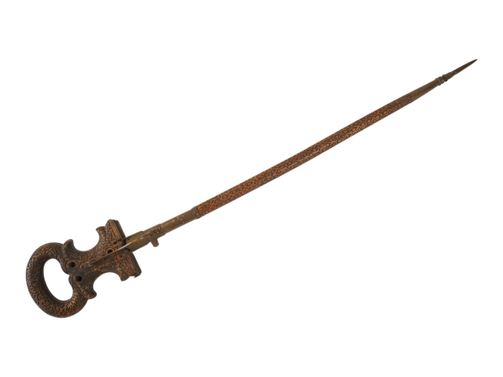 ANTIQUE ORNATE FOLDING HANDLE METAL WALKING STICK CANE: An antique walking cane constructed from wood and brass, featuring a decorative handle with an integrated folding mechanism that expands from a single loop into a bifurcated grip. The handle is
