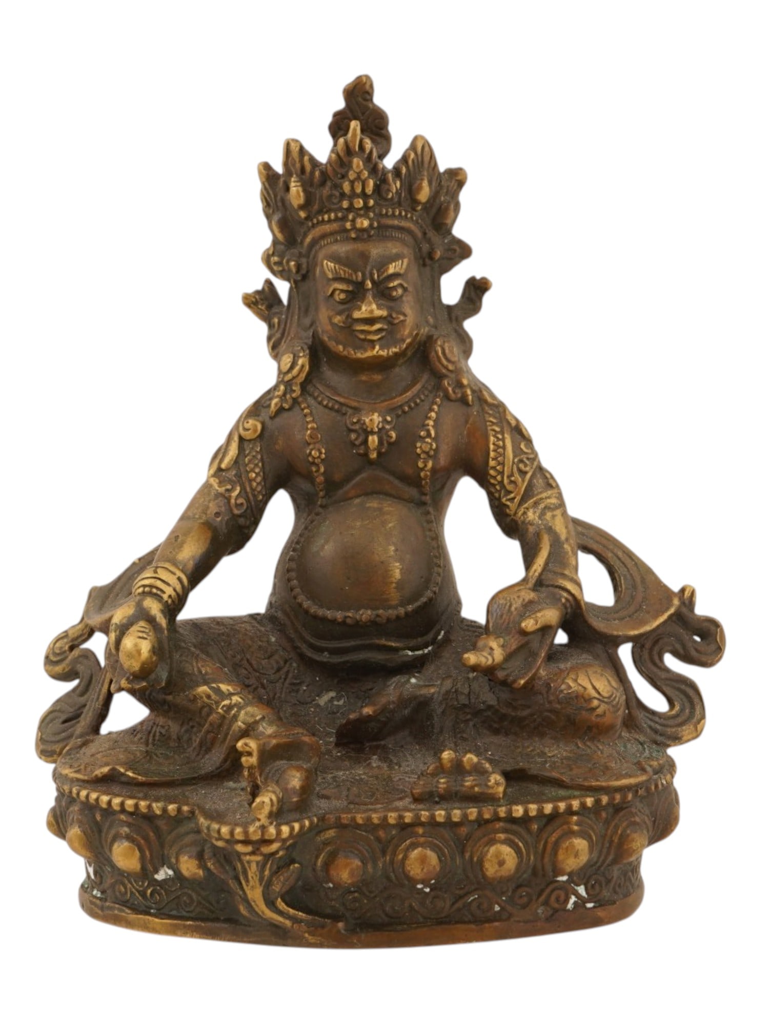 VINTAGE HINDUIST BRONZE KUBERA FIGURINE: A vintage cast bronze figurine representing Kubera, the god of wealth and the god-king in Hinduism. He is depicted seated on a lotus throne. Collectible Oriental Hinduist Religious Sculpture And