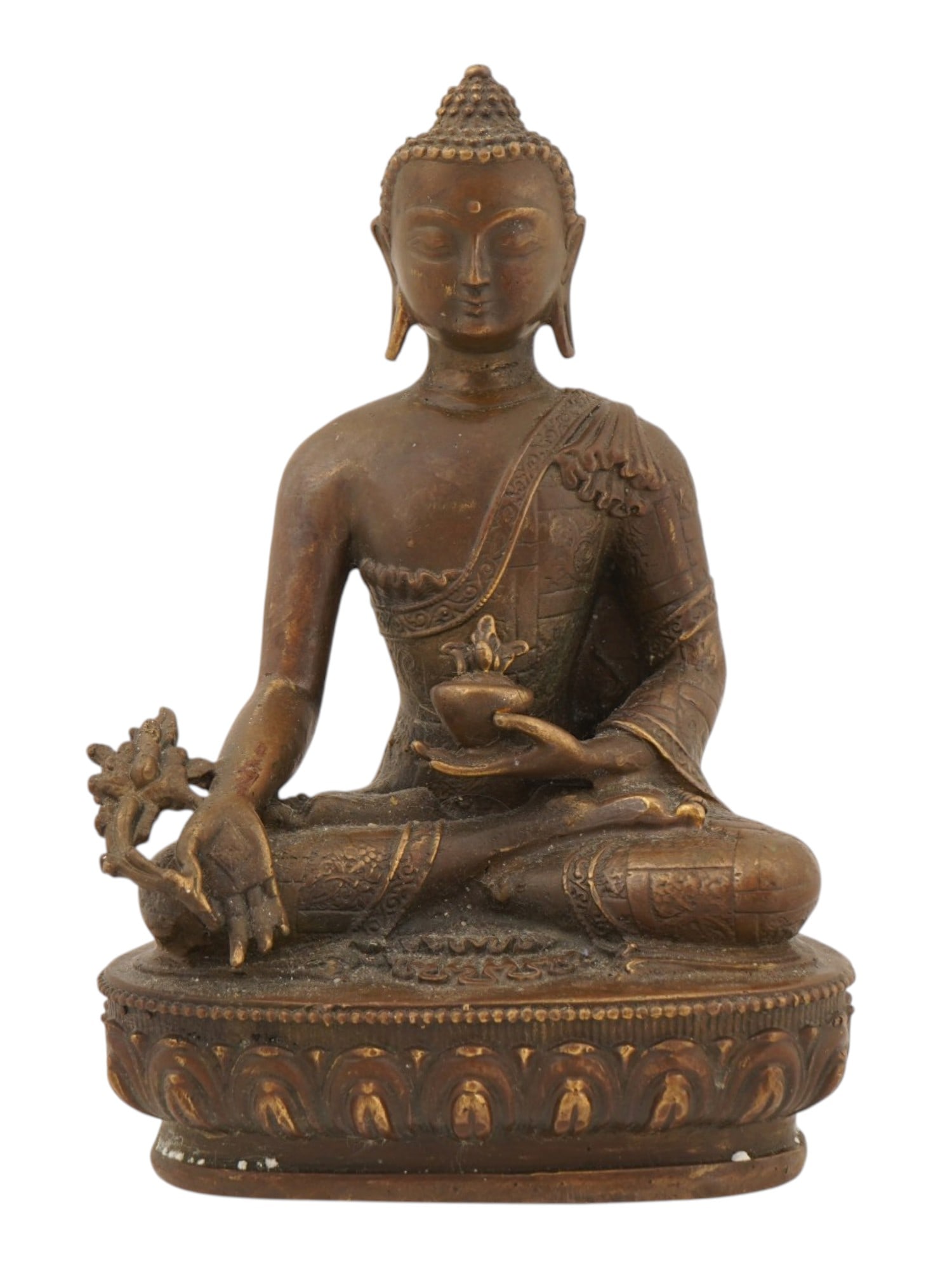 VINTAGE BUDDHIST BRONZE FIGURINE MEDICINE BUDDHA: A vintage cast bronze figurine representing Bhaisajyaguru, or Medicine Buddha, the Buddha of healing in Mah?y?na Buddhism. He is depicted seated, holding a jar of medicine nectar in his left hand and