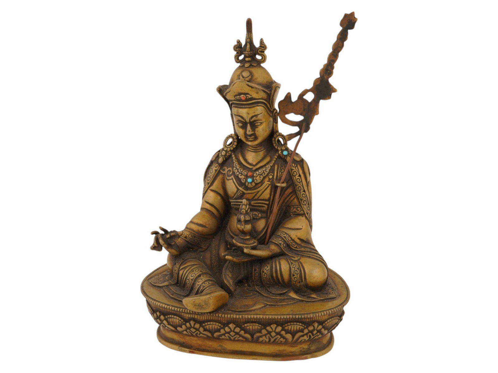 TIBETAN BUDDHIST GILT BRONZE FIGURE OF PADMASAMBHAVA: A vintage gilt bronze figure of Padmasambhava Guru Rinpoche, revered as the founder of Tibetan Buddhism. Modern and Vintage Buddhist Religious Collectibles, Bronzeware. THIS LOT IS ELIGIBLE FOR A