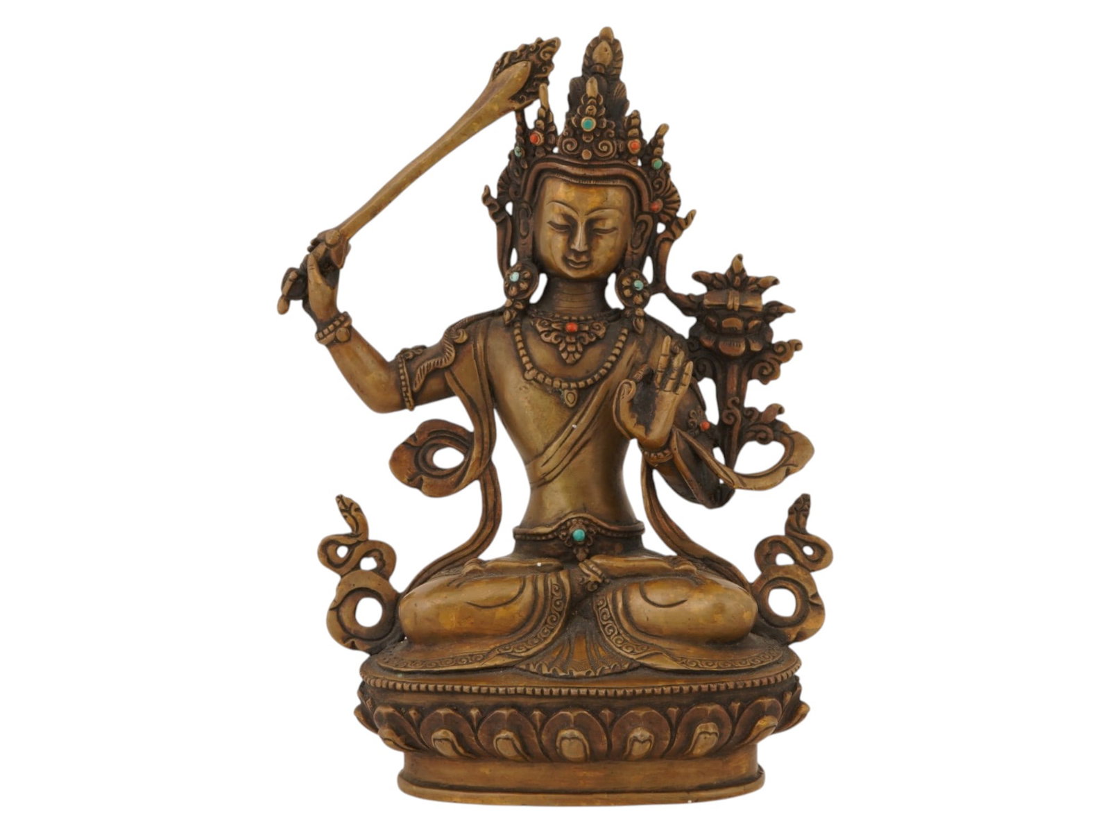 BUDDHIST GILT BRONZE FIGURE OF MANJUSHRI BODHISATTVA: A vintage gilt bronze figure of Manjushri, the Bodhisattva of Wisdom in Buddhism. The headdress and other decorations are set with turquoise and coral. Modern and Vintage Buddhist Religious Collectibl