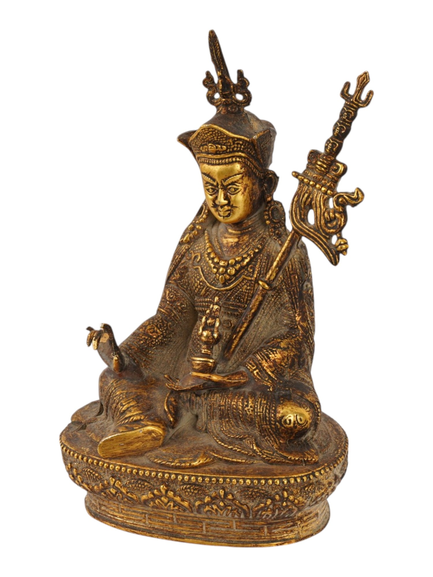 INDIAN PATINATED BRONZE FIGURE OF GURU RINPOCHE: An Indian gold patinated bronze figure depicting the 8th century master Padmasambhava, also known as Guru Rinpoche, seated in lalitasana upon a double lotus pedestal. He is portrayed wearing