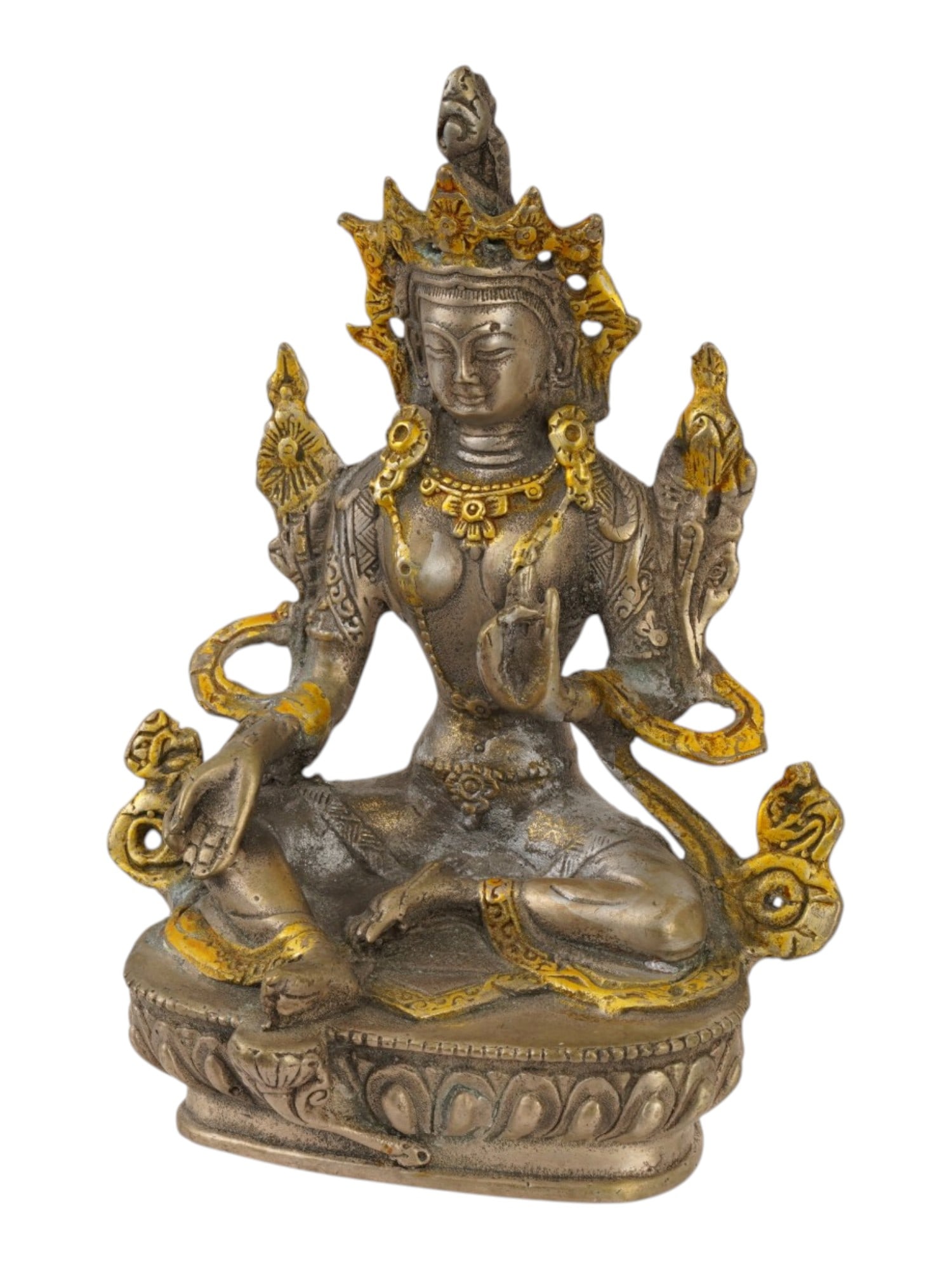 INDIAN HINDUIST BRASS SCULPTURE OF WHITE TARA: An Indian brass sculpture of Tara, an important female Buddha, a saviouress who hears the cries of beings in samsara and saves them from worldly and spiritual danger. As White Tara she expresses