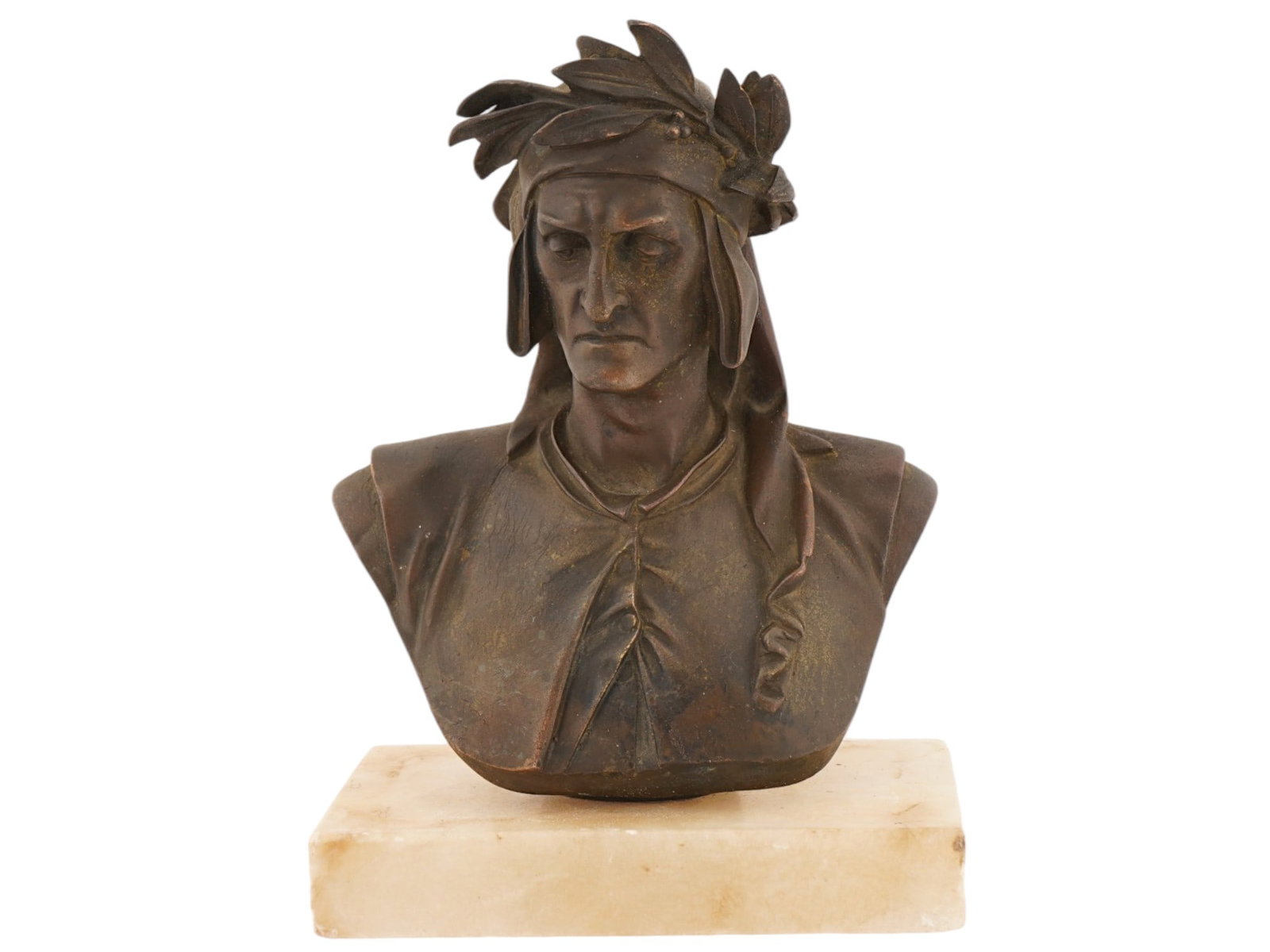 SIGNED CARRIER ANTIQUE FRENCH BUST OF DANTE: An antique patinated bronze sculpture of Dante Alighieri, 1265 to 1321, an Italian Renaissance poet, author of the Divine Comedy. Signed Carrier on the back side. Mounted on the stone, presumably,