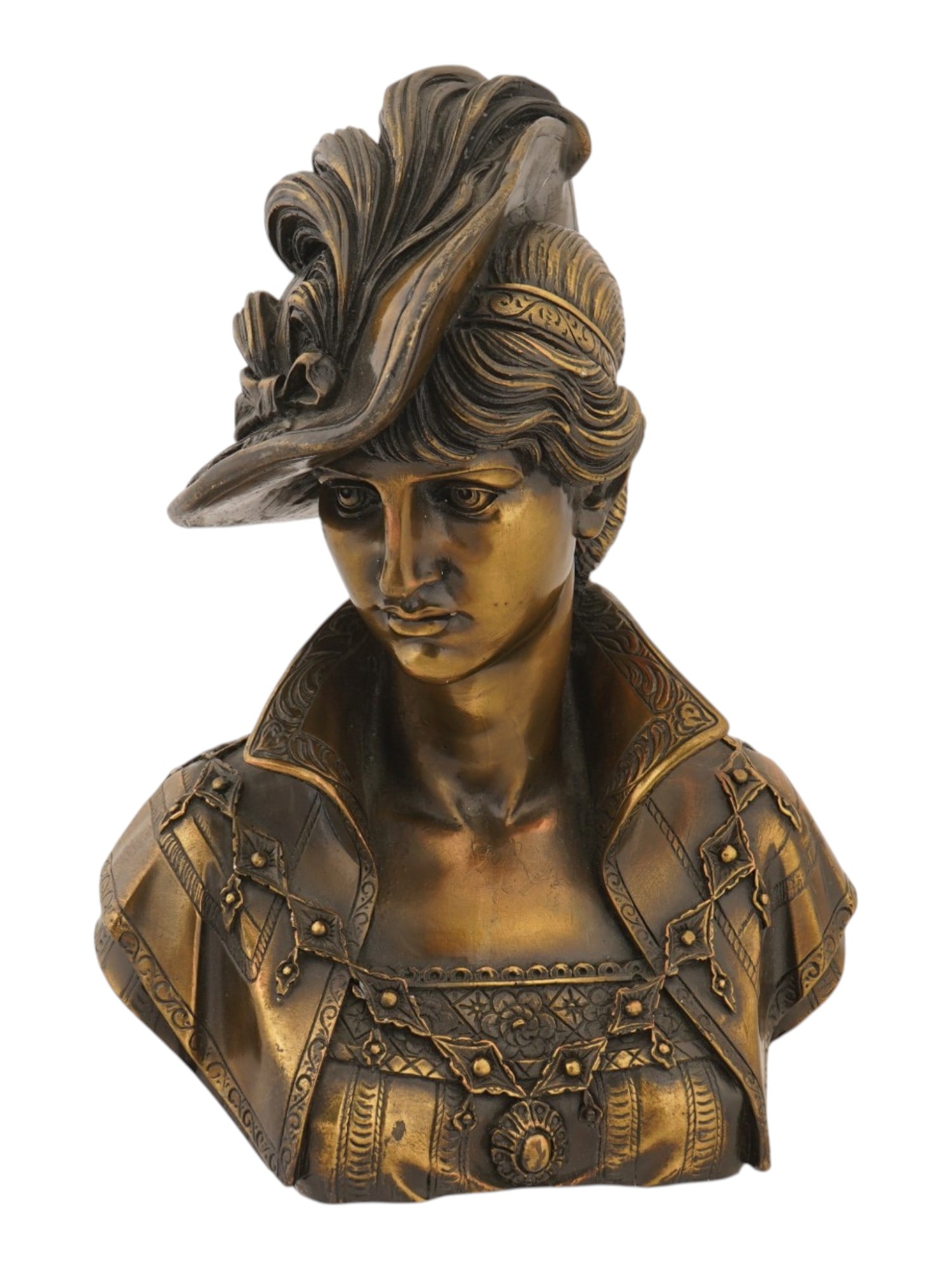 ATTR TO ARNALDO GIANNELLI ITALIAN BRASS FEMALE BUST: Attributed to Arnaldo Giannelli, Italian, 1907 to 2005, brass bust of a woman in a feathered hat. Unsigned. Arnaldo Giannelli is a Neoclassical sculptor, entitled Cavaliere della Repubblica Italiana