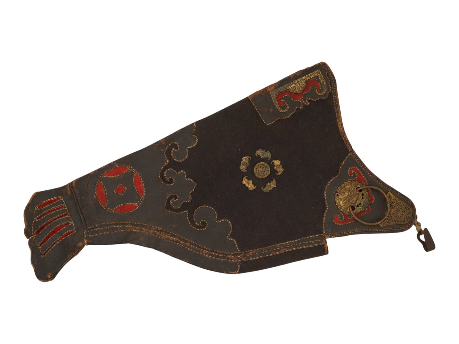 MONGOLIAN LEATHER SILK AND BRONZE SADDLE PART: A Mongolian leather saddle flap or devs part. The body is decorated with red and black silk cutout cloud motifs outlined in stitching, as well as bronze rosettes and lion-mask fitting with a