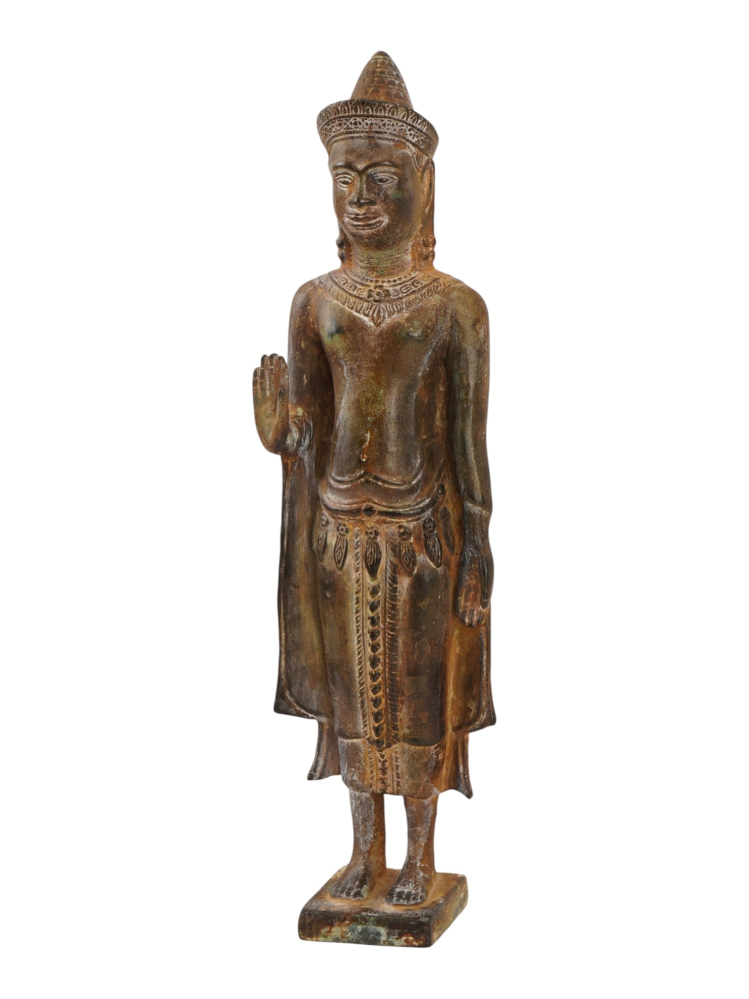 VINTAGE BRONZE STANDING CROWNED BUDDHA STATUE: A vintage bronze standing crowned Buddha statue in the traditional Southeast Asian style, closely reflecting Khmer or Lopburi art of the Angkor Wat period. The figure wears a tiered mukuta, ornate
