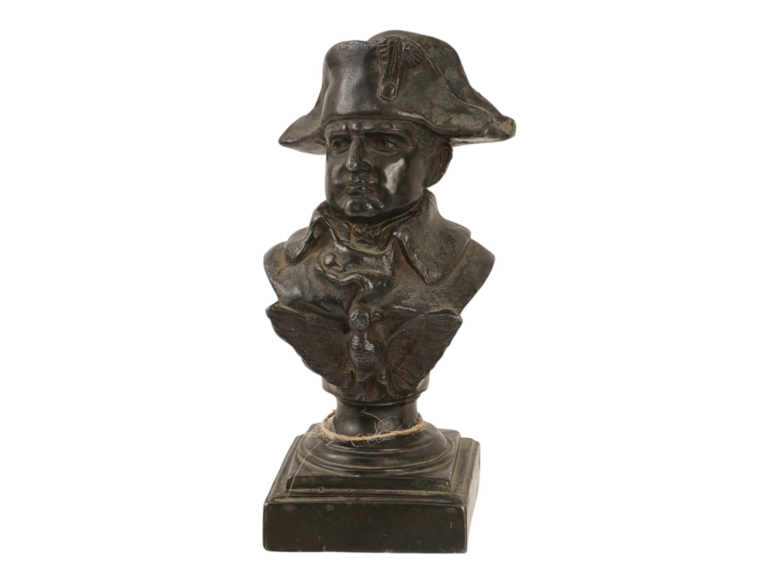 ANTIQUE BRONZE BUST EMPEROR NAPOLEON IN BICORNE HAT: An antique cast bronze bust depicting Emperor Napoleon I, shown in his characteristic bicorne hat and high-collared military uniform. The bust is mounted above a relief of the French Imperial Eagle