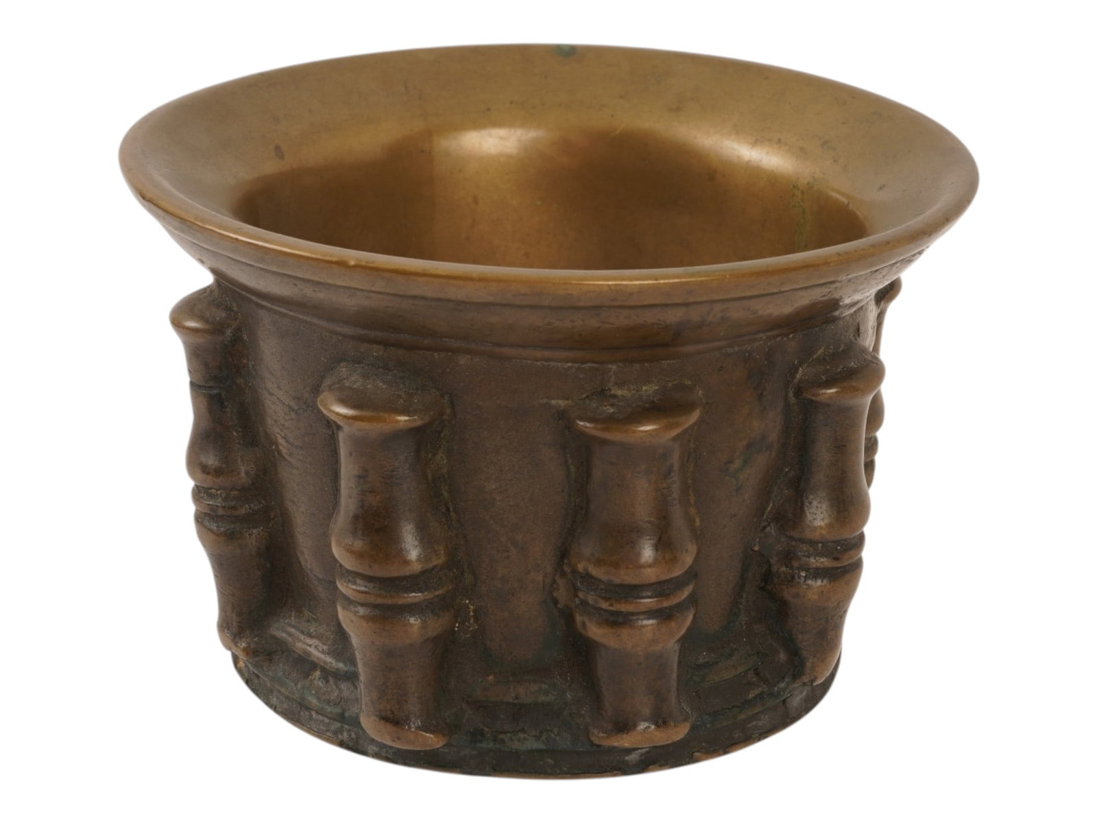 ANTIQUE 19TH C BRONZE APOTHECARY MORTAR: An antique 19th-century European cast bronze apothecary mortar. Footed bell-form piece with wide rolled rim, decorated with a low relief of vertical baluster-form moldings. Brown patina. Unmarked.
