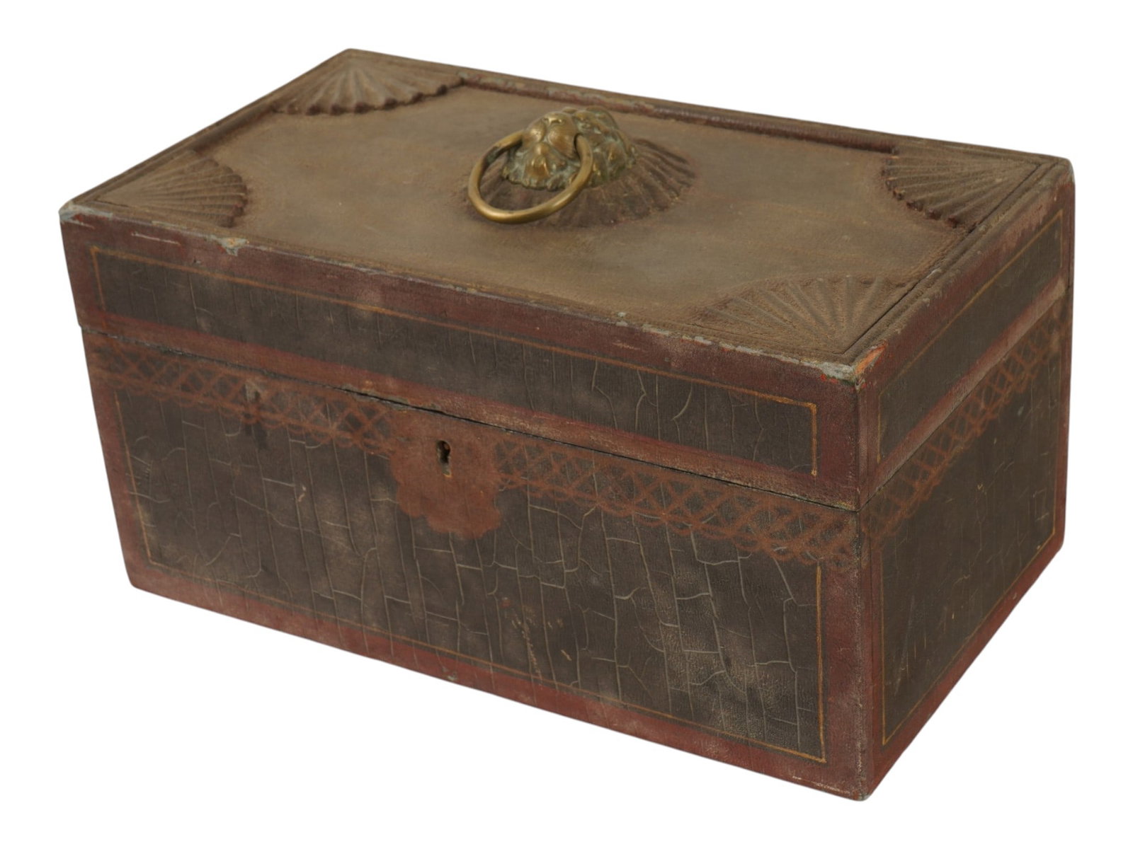 LEATHER AND CARVED WOODEN BOX WITH LION HANDLE (1 of 10)