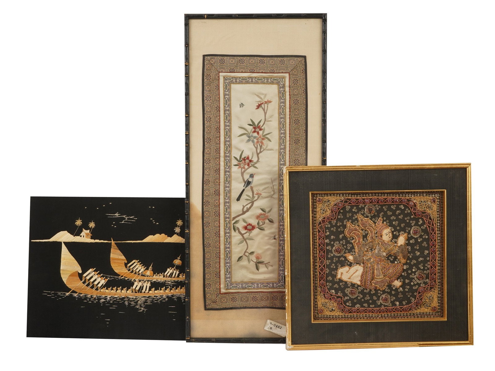 ASIAN HANDCRAFTED EMBROIDERIES AND NEEDLEPOINTS: A lot of three Asian handcrafted artworks. The lot contains an antique Chinese embroidered needlepoint on silk. A traditional rice straw painting, Kerala Straw Art, depicting Vallam Kali, a traditiona