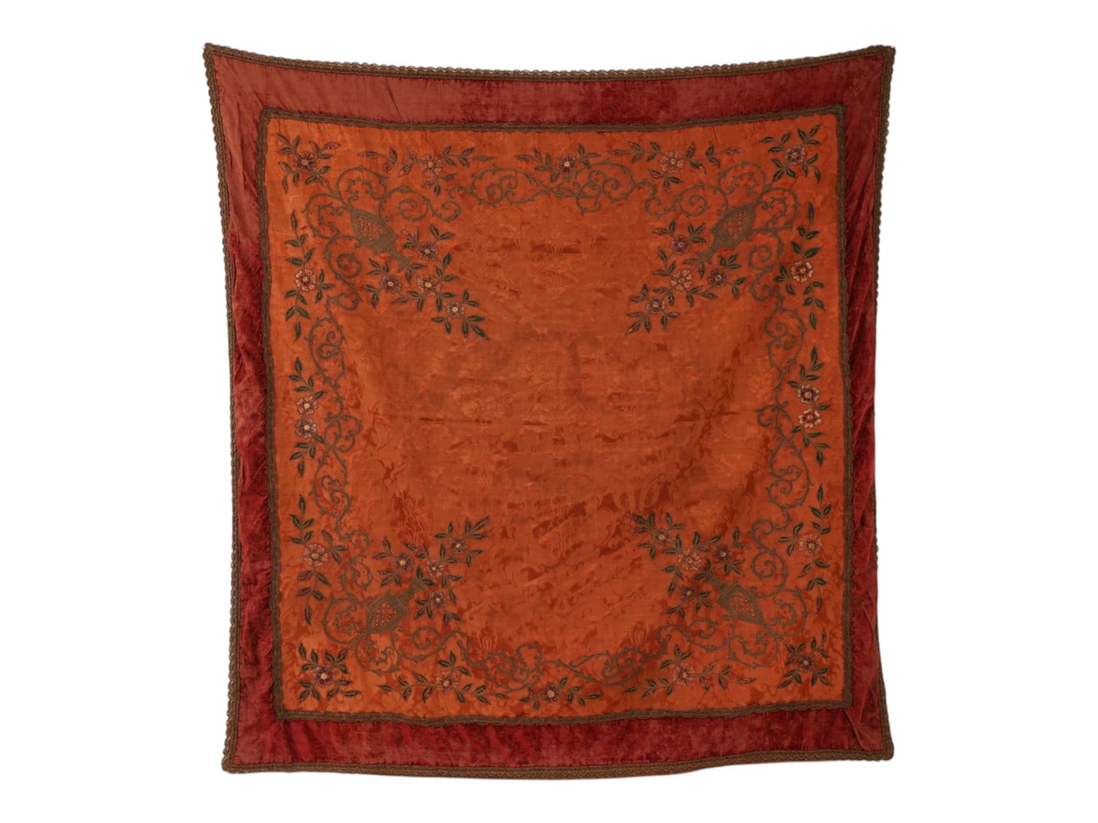 ANTIQUE 19TH C EMBROIDERED TEXTILE PANEL: A large antique square textile panel, a table cover or decorative throw. Continental European or Ottoman style, 19th century. The center of orange silk with a woven damask-type ground pattern is worke
