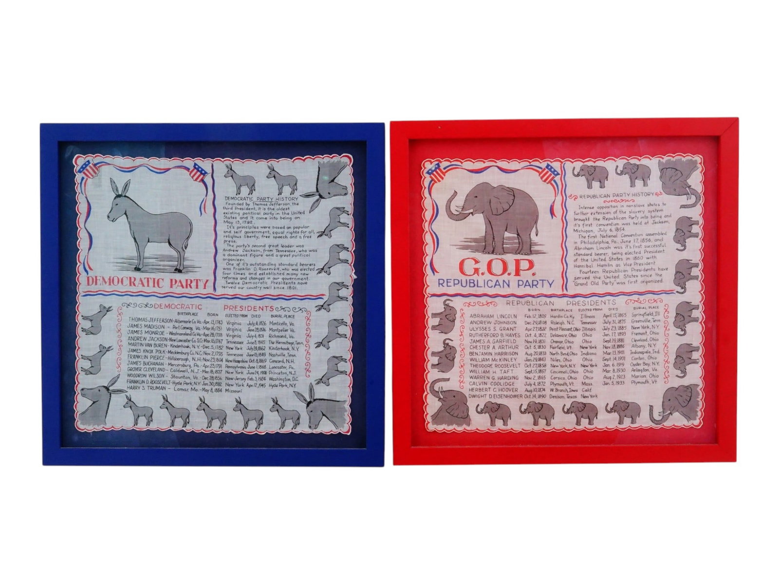 VINTAGE HANDKERCHIEFS DEMOCRATIC AND REPUBLICAN PARTIES: A pair of vintage political souvenir handkerchiefs commemorating the histories of the Democratic and Republican Parties, dating to the 1950s. The Democratic example features the party donkey and a