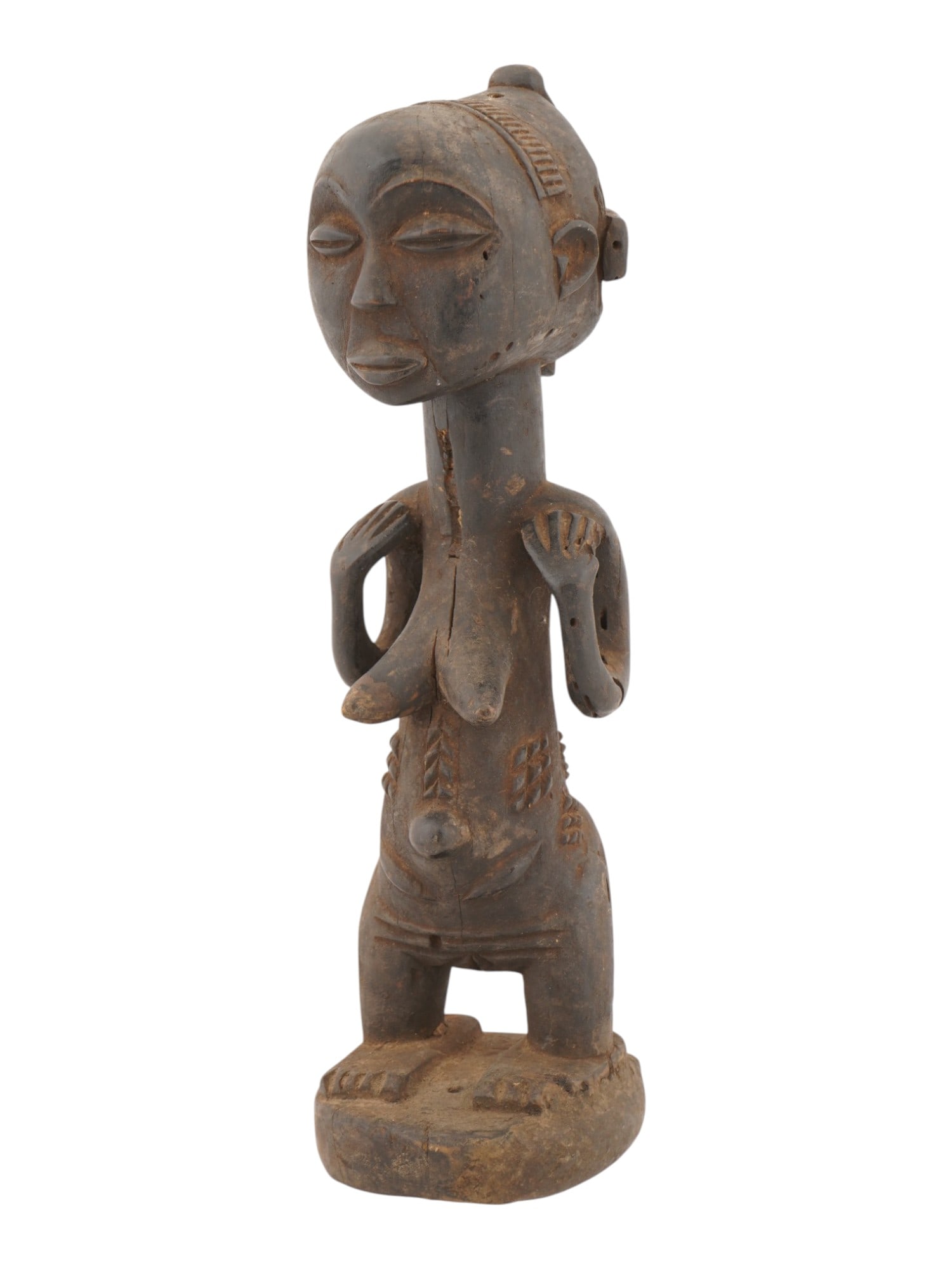 AFRICAN CARVED WOOD FERTILITY FIGURE LUBA PEOPLE CONGO: An African carved wood fertility figure from the Luba people of Congo. The figure features a rounded, polished form with a high domed forehead and elaborate hairstyle. Scarification patterns on the ab