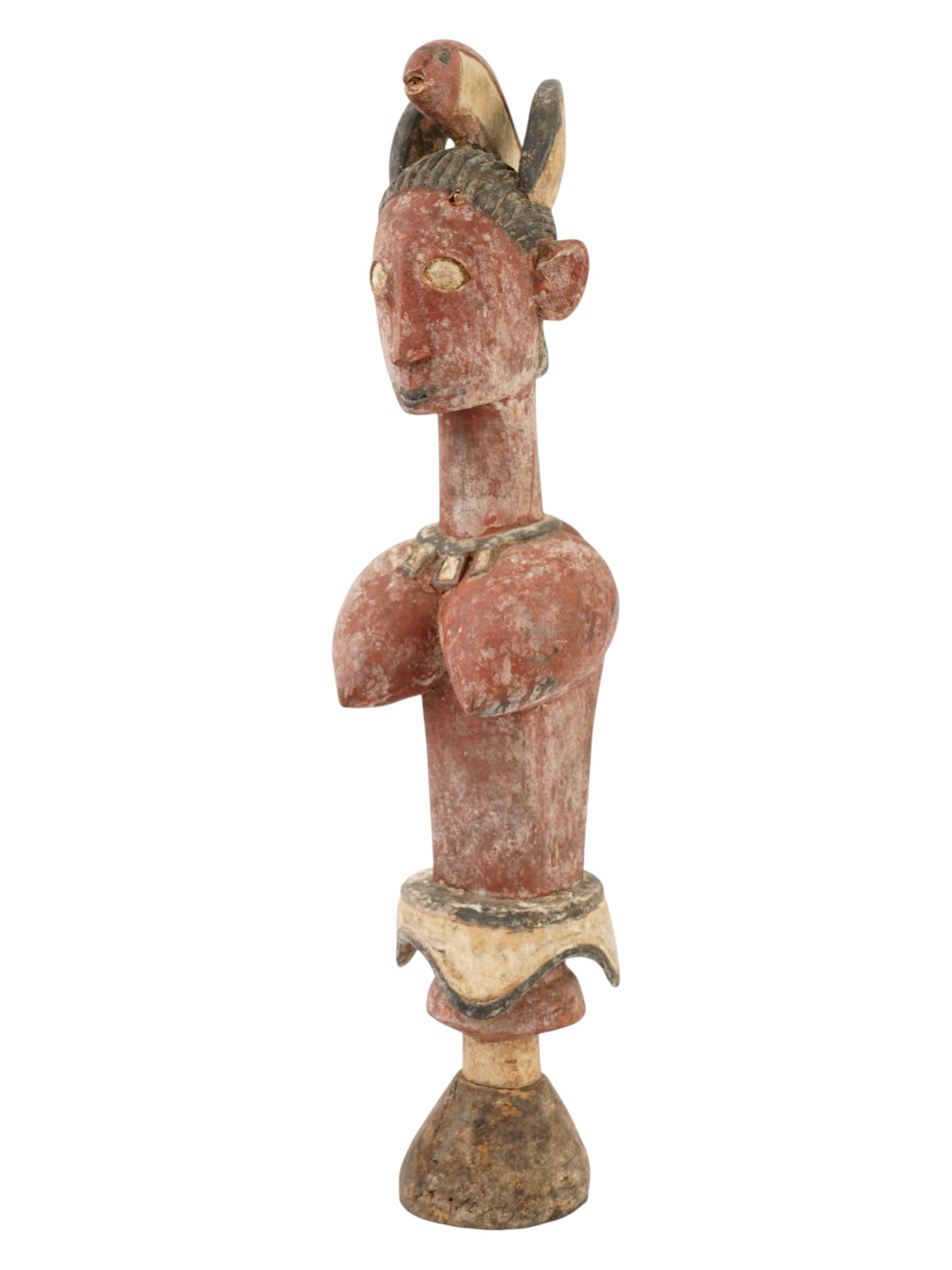 AFRICAN BAGA TRIBE HAND CARVED WOOD FERTILITY FIGURE: An African hand carved wood fertility figure, originating from the Baga people of coastal Guinea. It features a highly stylized, elongated nose and a crested hairstyle. This aesthetic is